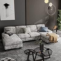 Furniwell U-Shaped Convertible Sectional Sofa, 4-Seat Modular Couch with Double Chaise, Memory Foam & Washable Covers, Grey Fabric
