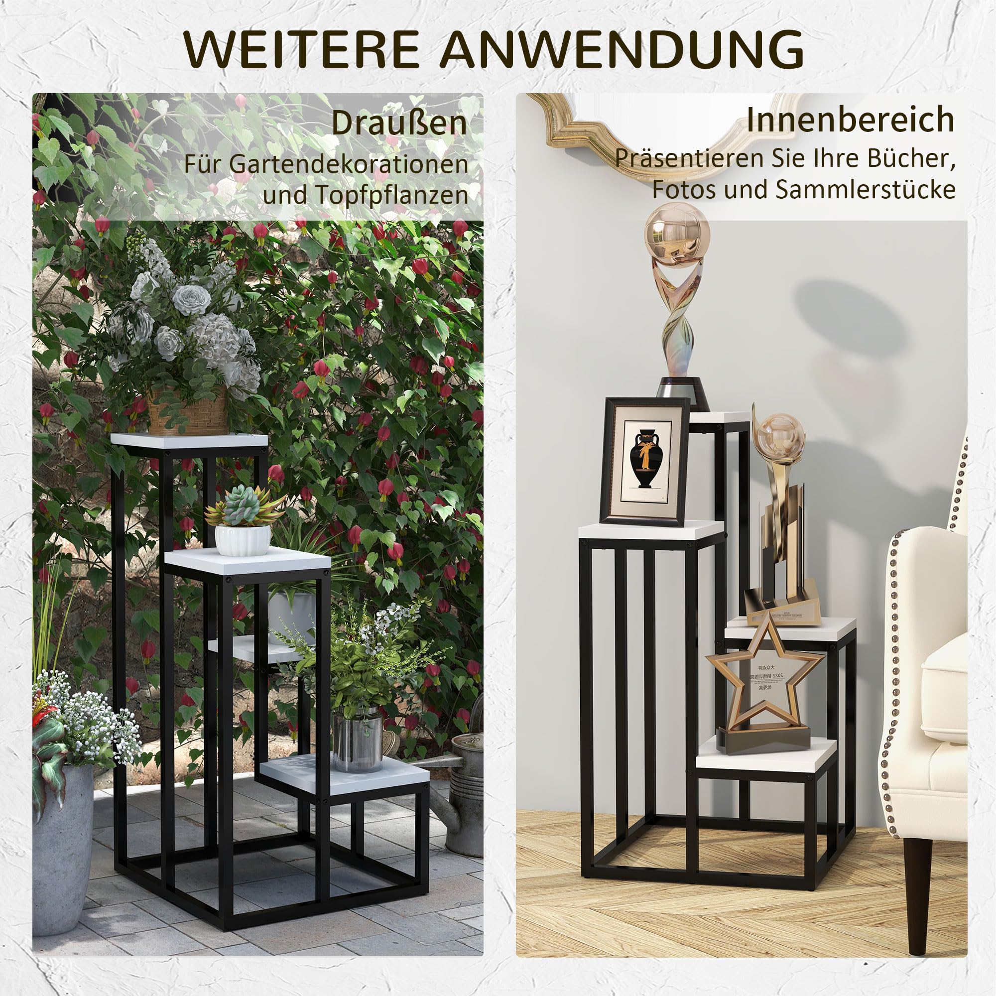 Outsunny Plantenstandaard van Staal, Bloemenrek, Plantenrek Bloemenladder met 4 niveaus, Bloemenstandaard, Plantentrap voor Tuin, Balkon, Wit, 34 x 34 x 70 cm