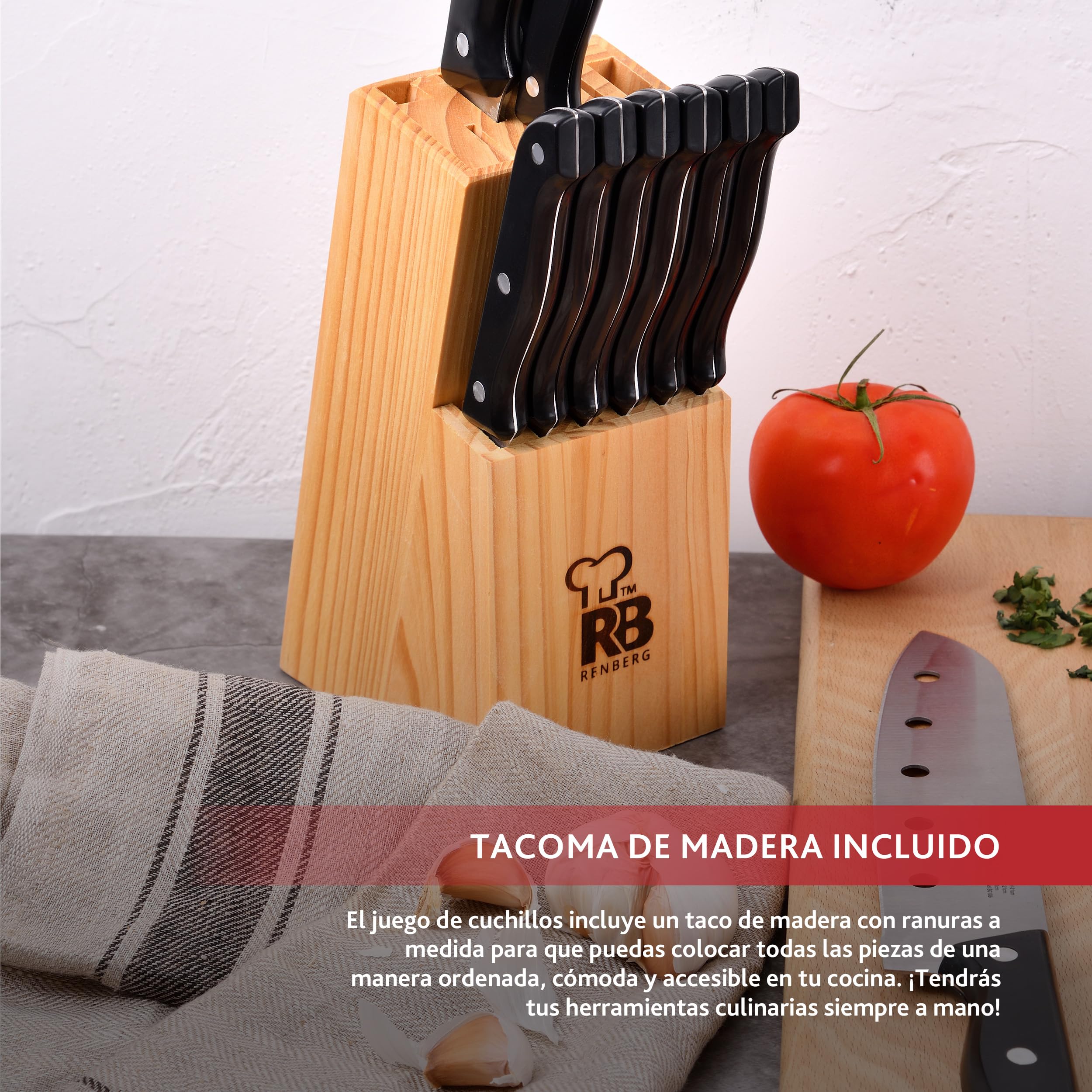 Renberg Tenessy Set Cuchillos de Cocina 15 Piezas Acero Inoxidable Tacoma Madera