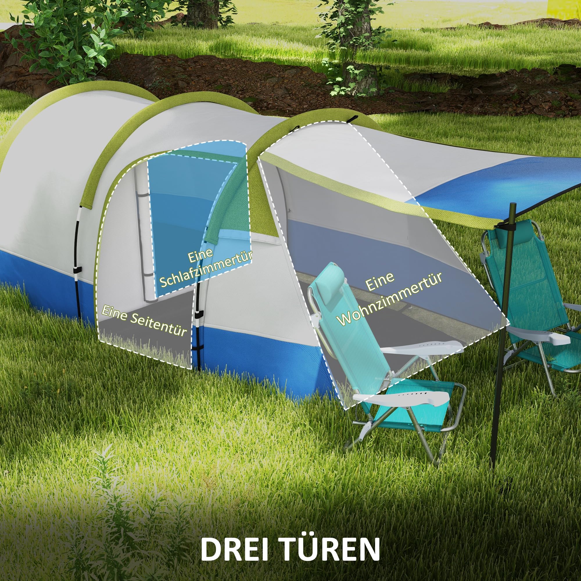 Outsunny Campingzelt, Tunnelzelt für 3 Personen, mit Lichthaken, Vorzelt, 2 Räumen, Familienzelt mit Tragetasche, 2000mm Wasserabweisend Pop Up Zelt für Camping, Garten