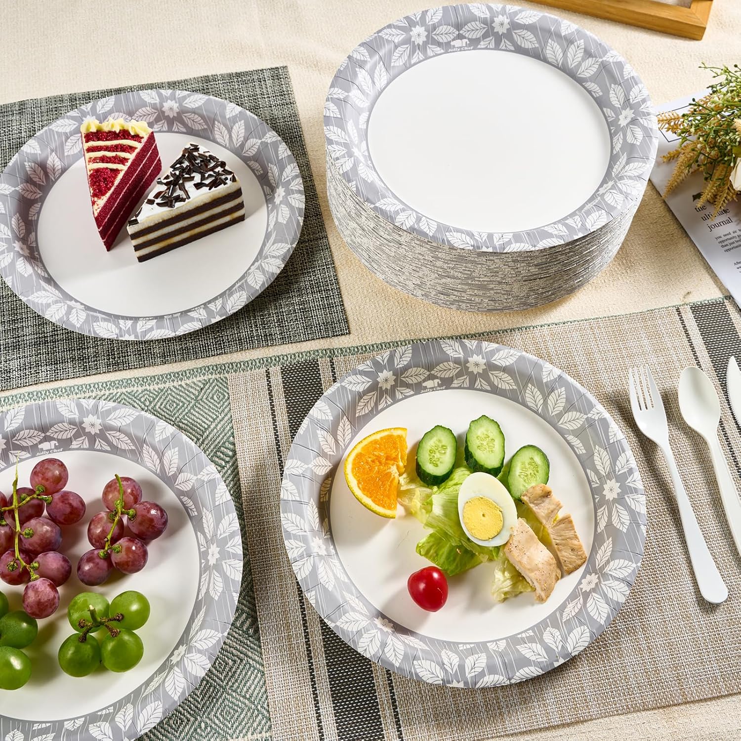 JOLLY CHEF 10 inch 140 Pack Disposable Paper Plates,Soak Proof, Cut Proof, Heavy Duty Printed Paper Plates for Everyday Use - Image 6