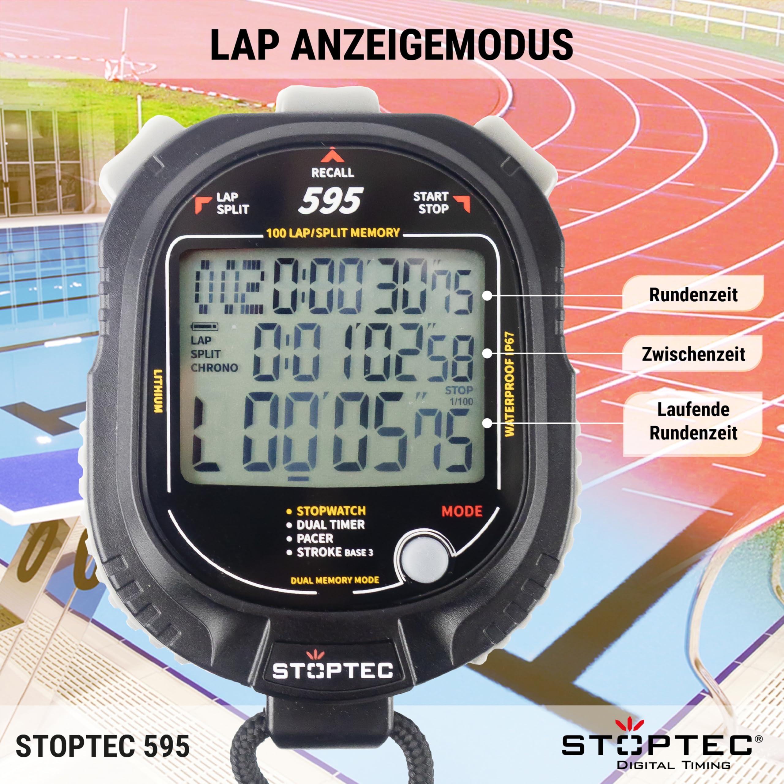 Stoptec Cronometro 595, grande display a 3 righe, meccanismo a punto di pressione, 100 memoria, doppio timer, Pacer, misurazione del numero di impatti, display e suono commutabili, resistente alla