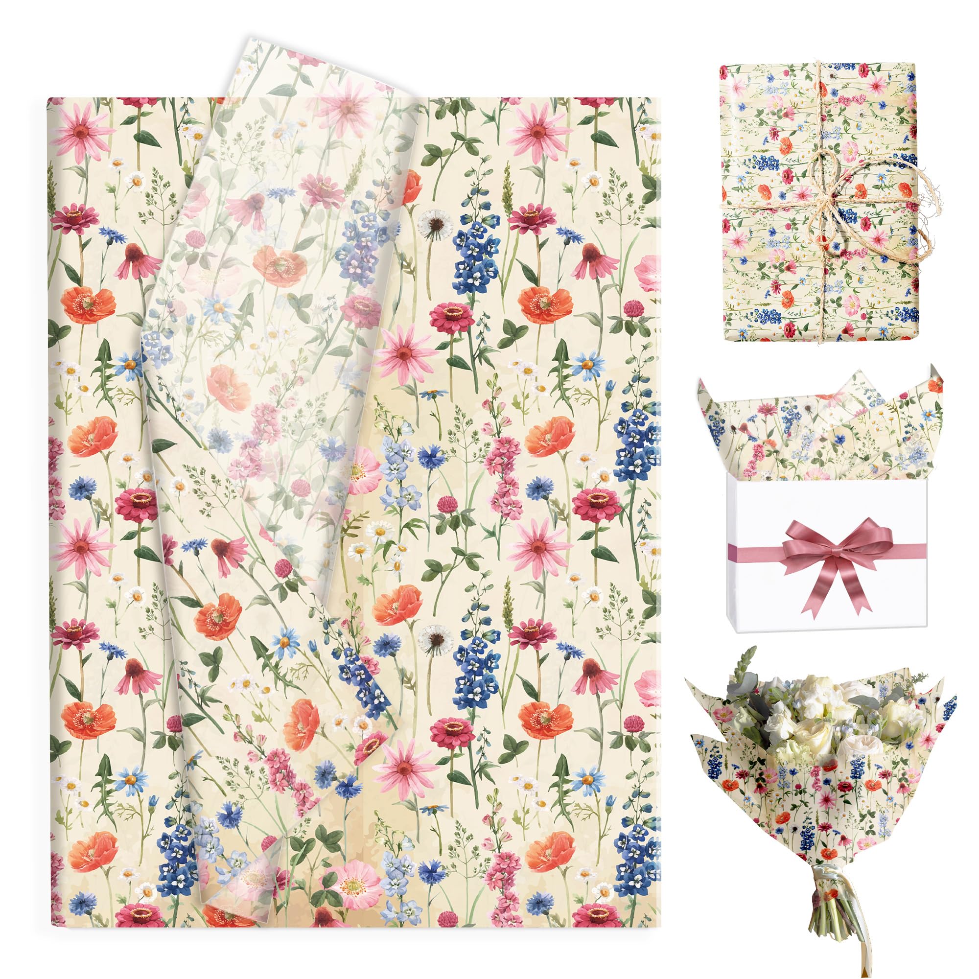 50 Sheet Vintage Wildflower Tissue Paper, Flower Gift Wrapping Papers with Watercolor Flower Designs DIY Art Craft Paper for Bouquet Wrapping,Candy Bag Fillers,Birthday,Baby Shower,20 x 14 Inch