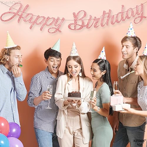 Miniatura 7 de KatchOn, Cartel de feliz cumpleaños de oro rosa con purpurina  Prestrung, 10 pies  Cartel de feliz cumpleaños de oro rosa para decoraciones de