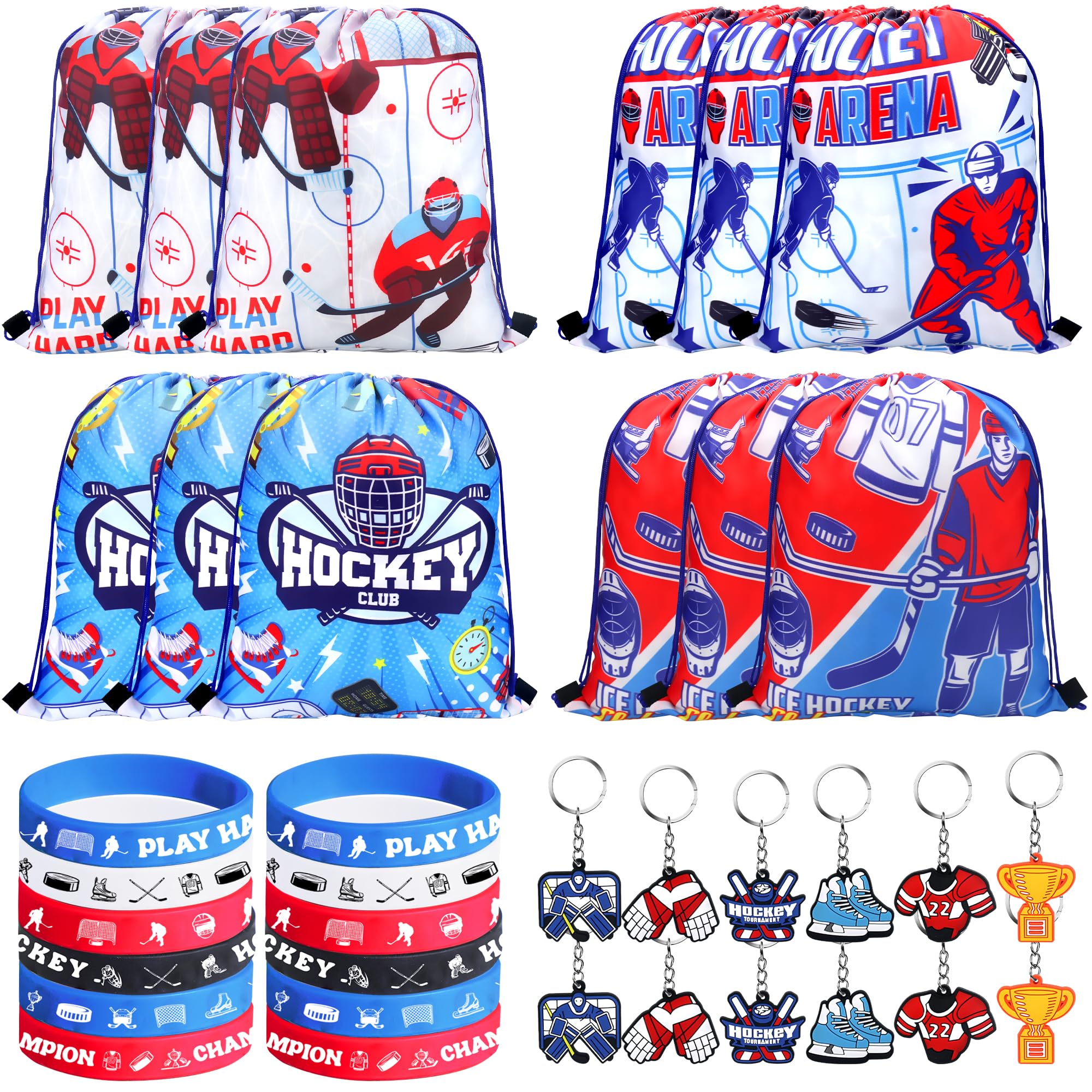Il set di 36 bomboniere per feste di hockey include 12 sacchetti con coulisse, 12 braccialetti in silicone, 12 portachiavi motivazionali per hockey su ghiaccio, sport, feste, regali di