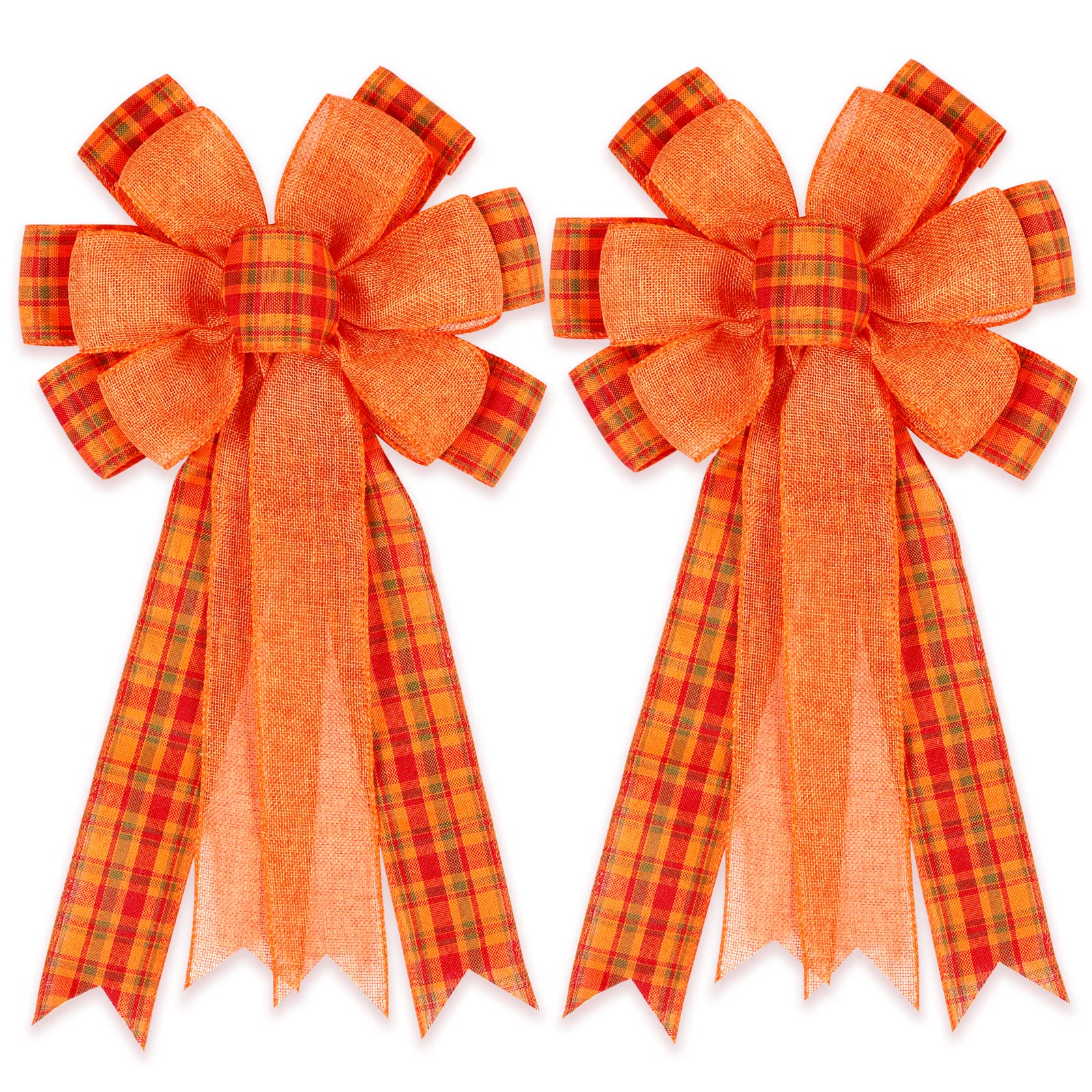 2 Pack Fall Bows for Wreaths Decorations for Home, Halloween Tree Topper Bow, Thanksgiving Bow with Orange Buffalo Plaid Burlap Front Door Outdoor