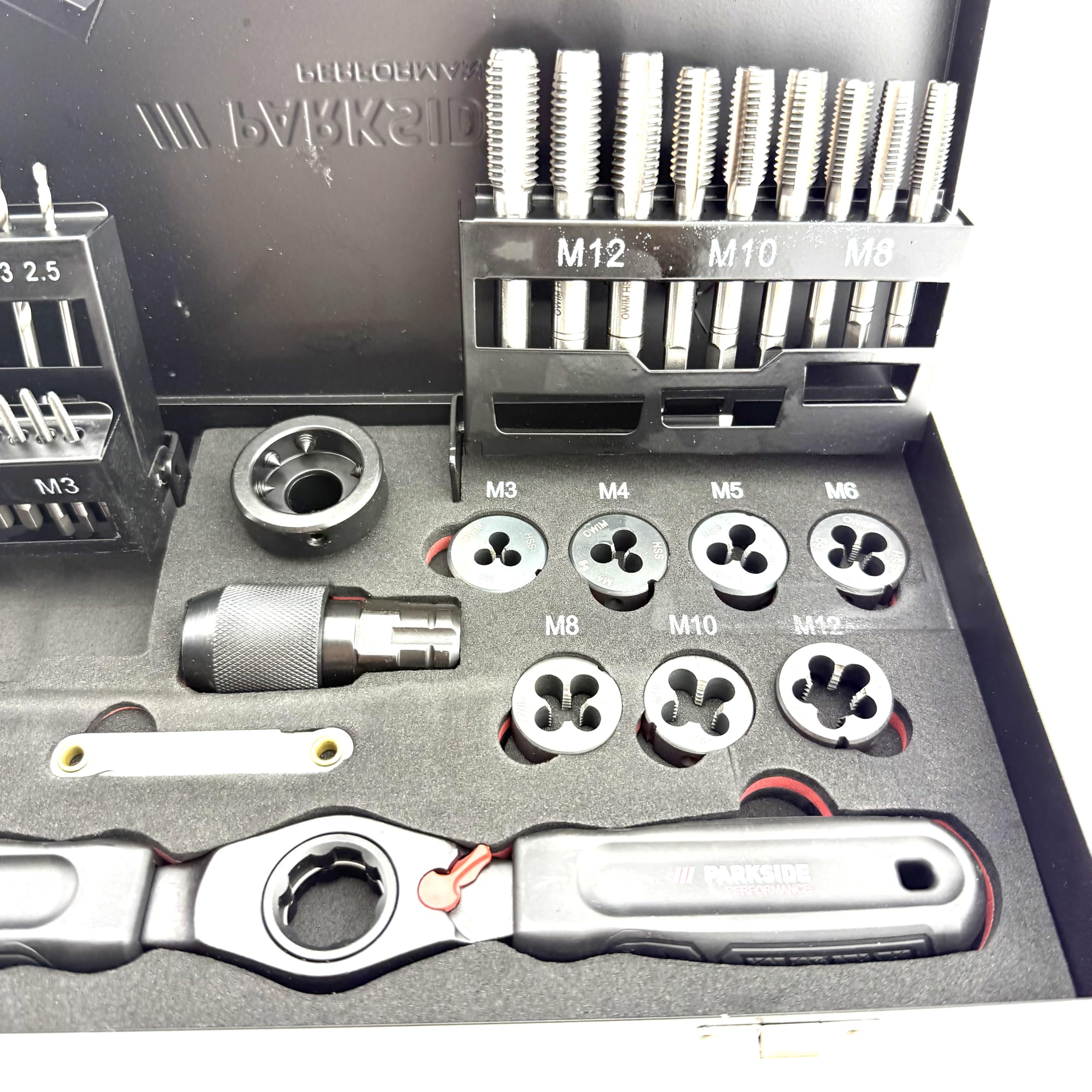 Parkside Performance Gewindebohrer- & Schneideisen-Set 38-teilig – M3–M12 – ISO metrisch – Innen & Außengewinde – HSS Kernlochbohrer – Aufbewahrungsbox
