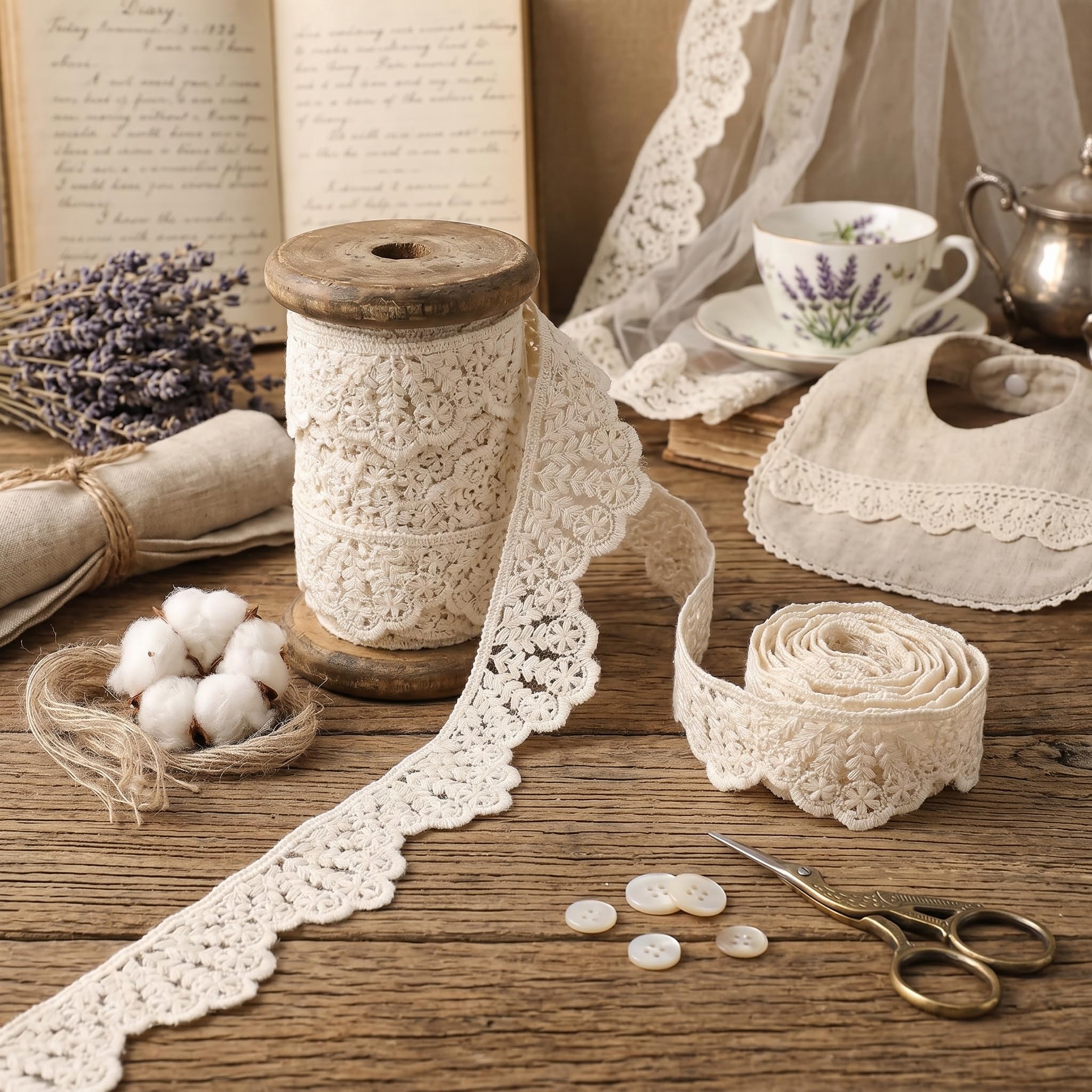 Beige Cotton Lace Trim, Embroidery Flower Lace Trim Scallop Edge Lace Ribbon for Crafts Clothing Decoration, 4.5 Yards