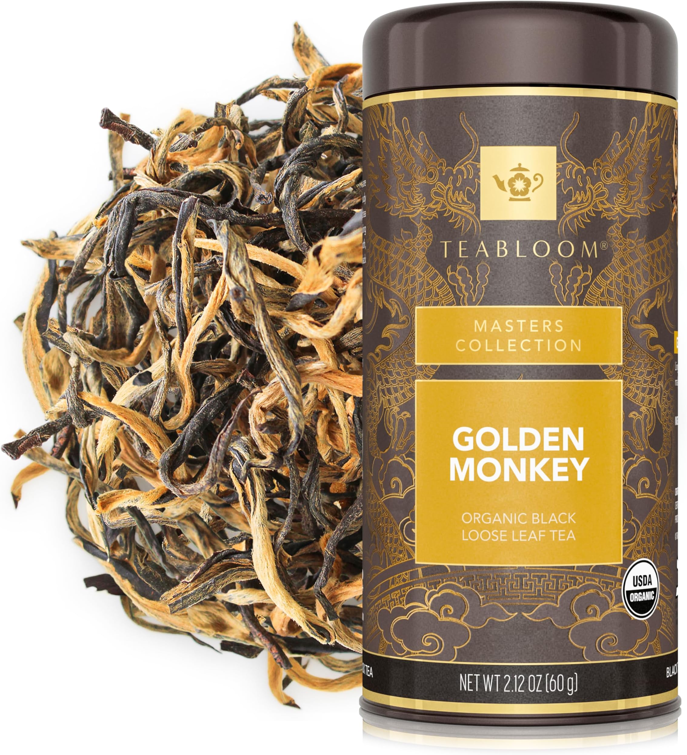 Teabloom Organic Golden Monkey Loose Leaf Tea, USDA Certified Organic Black Tea, Lingering Aroma with Smooth and Malty Flavor, 2.12 Ounce Loose Leaf Tea Canister Makes 35-50 Cups