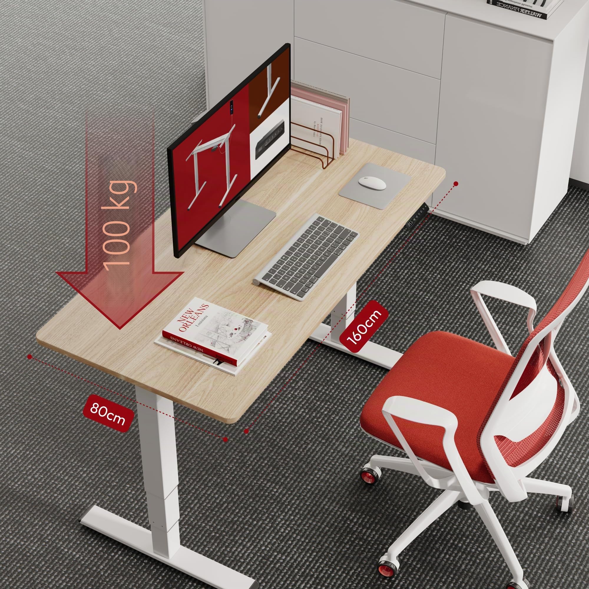 SANODESK 2 Motores Escritorio Elevable EC4 160 x 80 cm Tablero Entero con 3 Secciones Patas Telescópicas con Panel Ajustable, Mesa elevable Standing Desk Ergonómico para Oficina y Hoggar-Arce