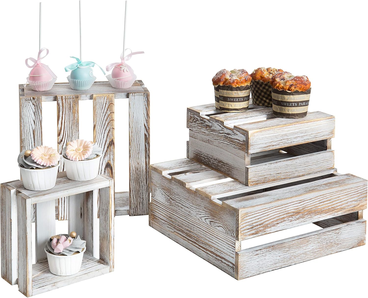 MyGift Shabby Whitewashed Wood Cake Stand, Decorative Dessert, Bakery, Cupcake and Appetizer Riser Stand, Wooden Nesting Organizer Storage Crates, Set of 4