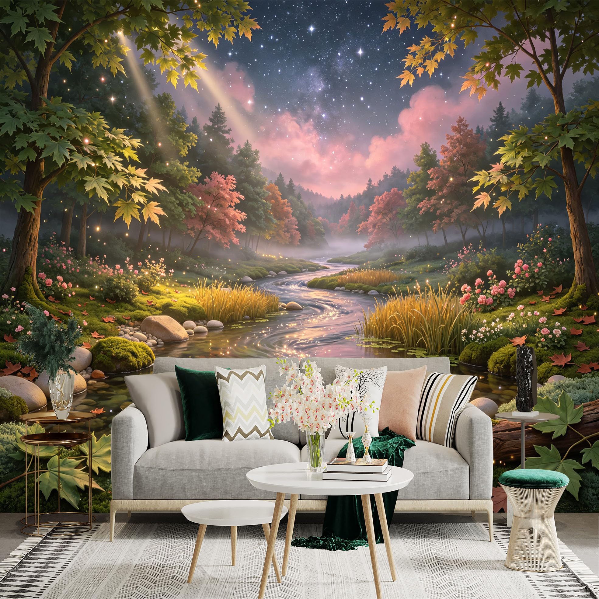 Lnzczhyre Bh260719322 Custom Size Wall Sticker Mural， Enchanted Forest Stream， Glowing Milky Way Sky， Peaceful Nature Landscape， For Wall Decoration， Peelandstick Wall Decals.