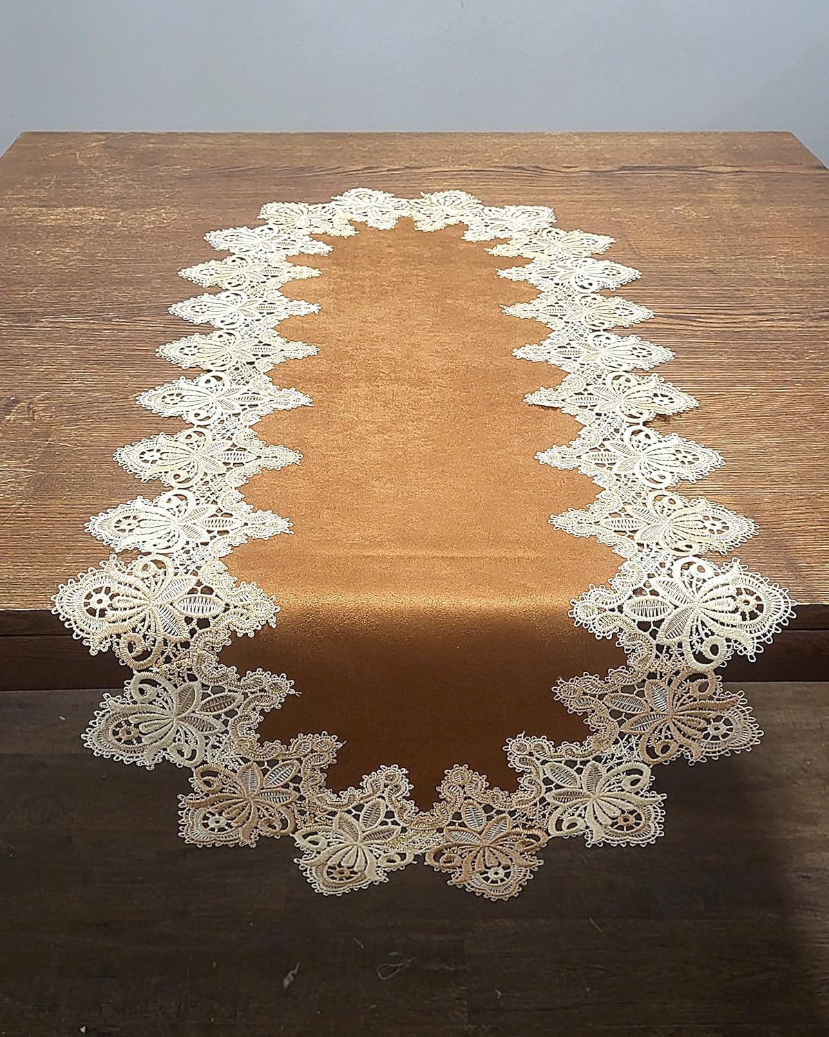 Table Runner or Dresser Scarf in Gold Vintage Lace and Brown Microsuede Fabric Size 72 x 15 inches