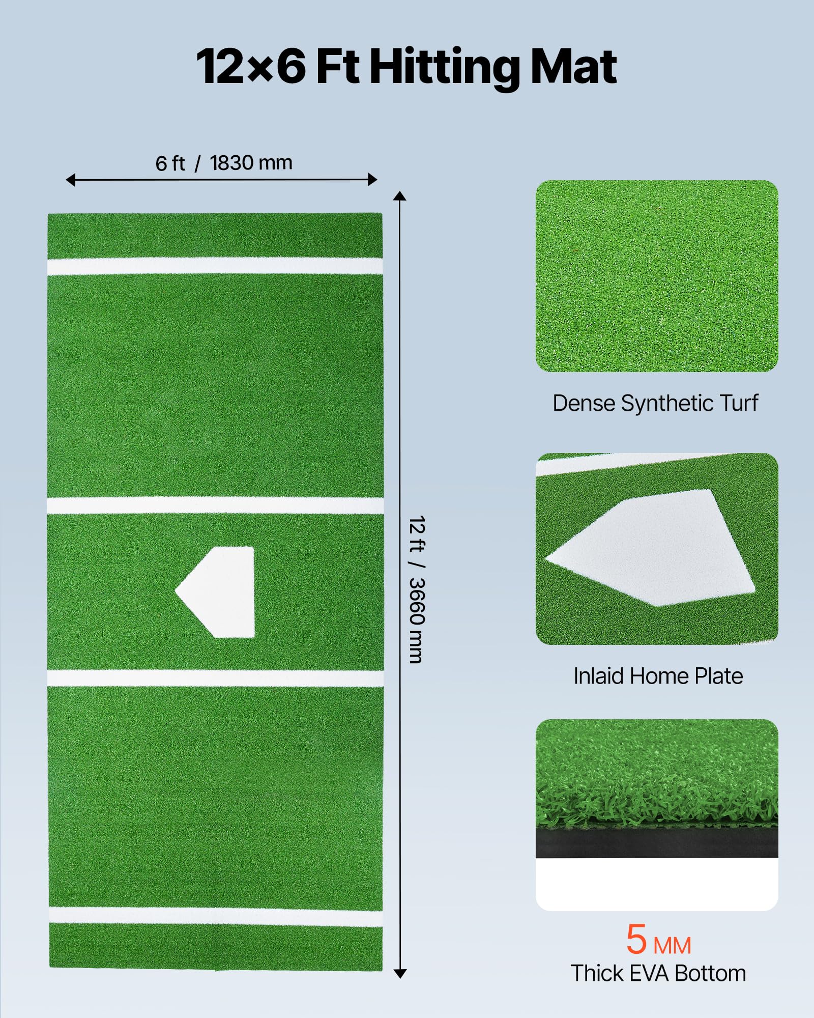 VEVOR Tapis de Frappe de Baseball 366x183 cm, Gazon Synthétique pour Cage de Frappeur Anti-décoloration, Tapis d'Entraînement au Softball avec Marbre, pour Arrière-Cour, Intérieur et Extérieur, Vert