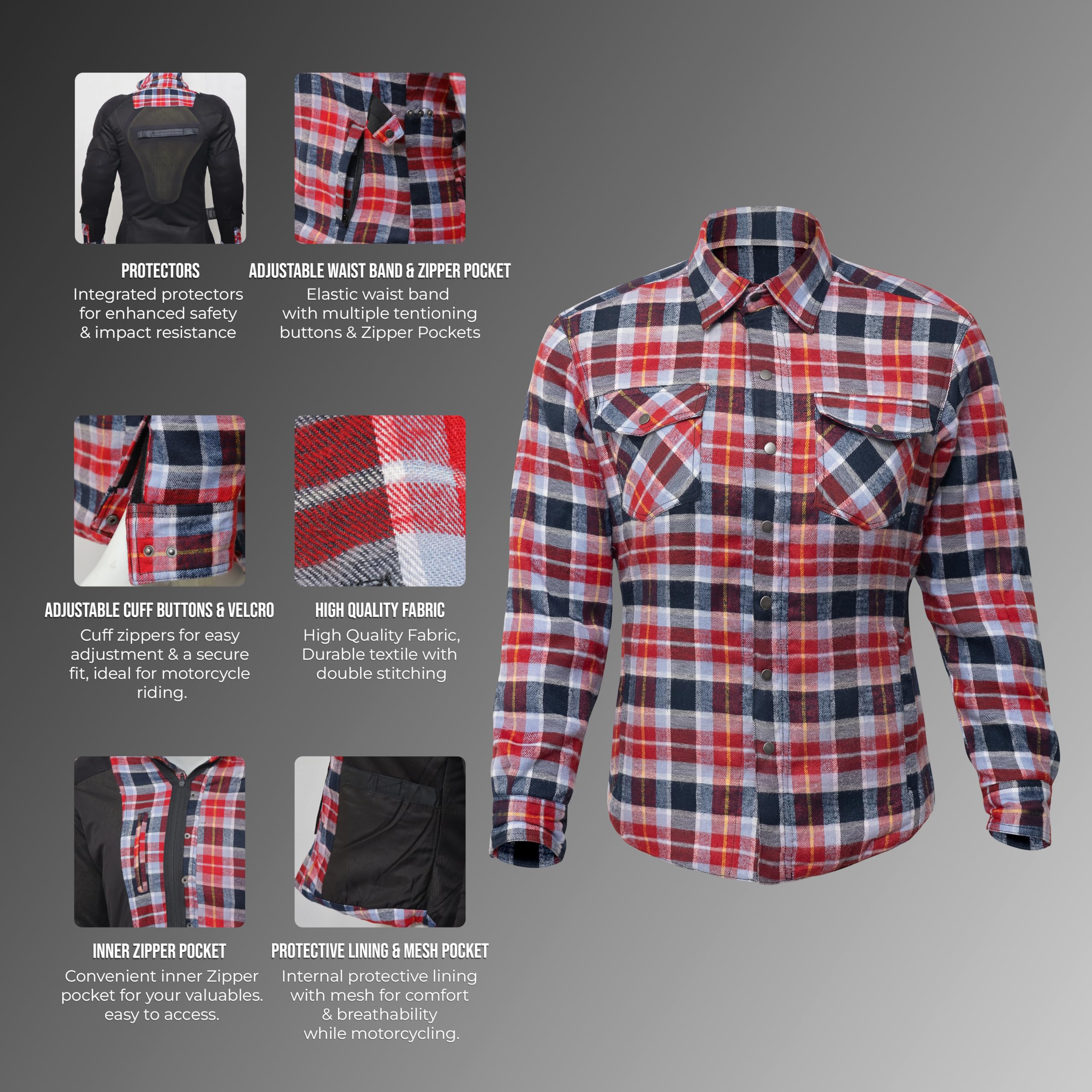 STOCKODEA Women’s Motorcycle Flannel Shirt – CE Armored Cotton Plaid Riding Jacket Lined with Aramid Kevlar Fibre– Women Protective Gear- M-RED