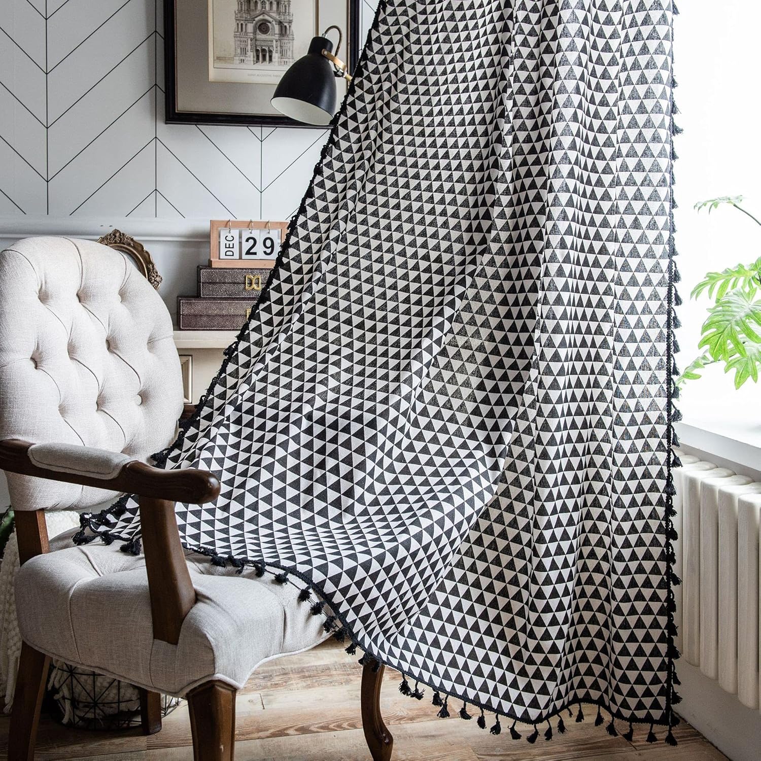 GYROHOME Yellow Lattice Curtains with White Tassels,1 Panel Rod Pocket,semi Shading uesd for Kitchen,Bedroom Living Room Floating Window(59x78inch)