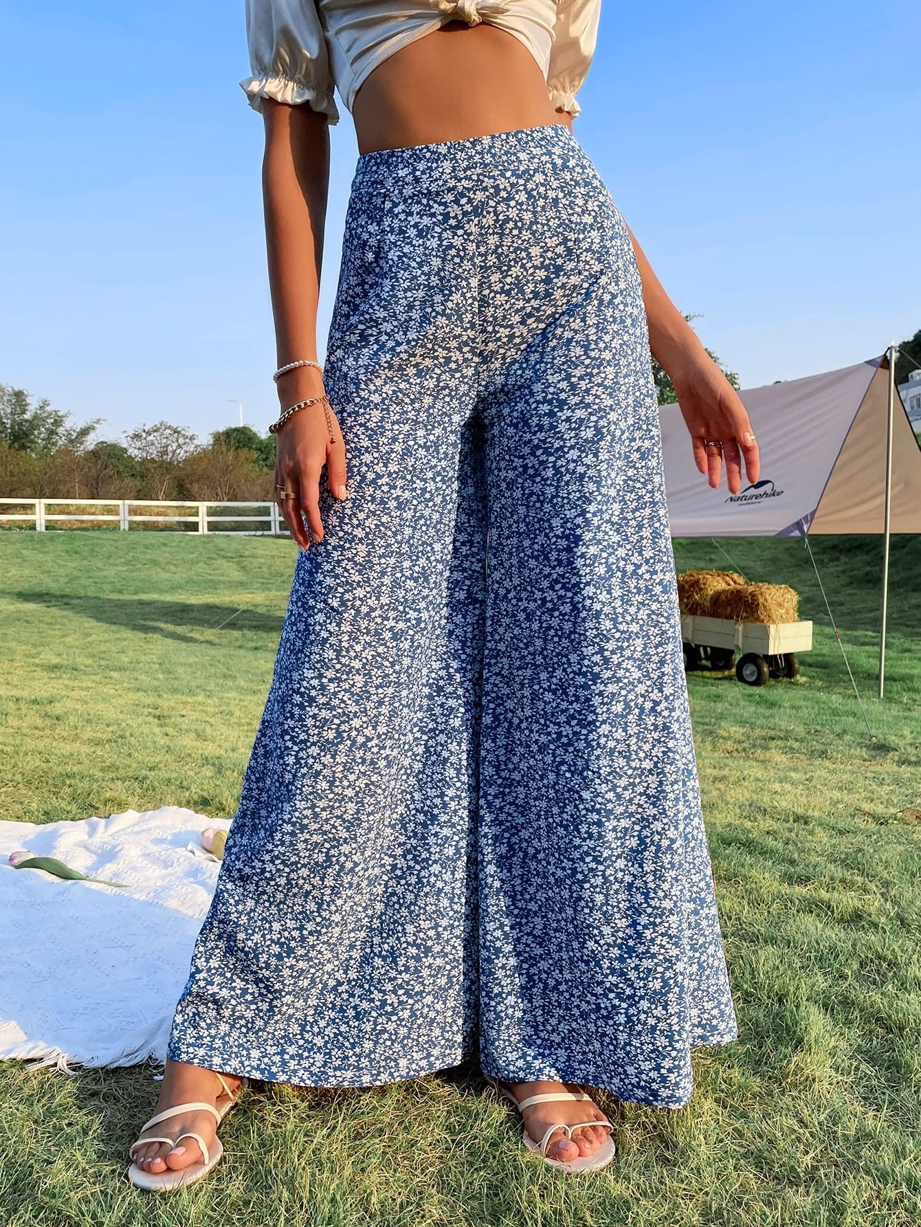Womens Pants Floral Print High Waist Wide Leg Pants Work Casual Pants