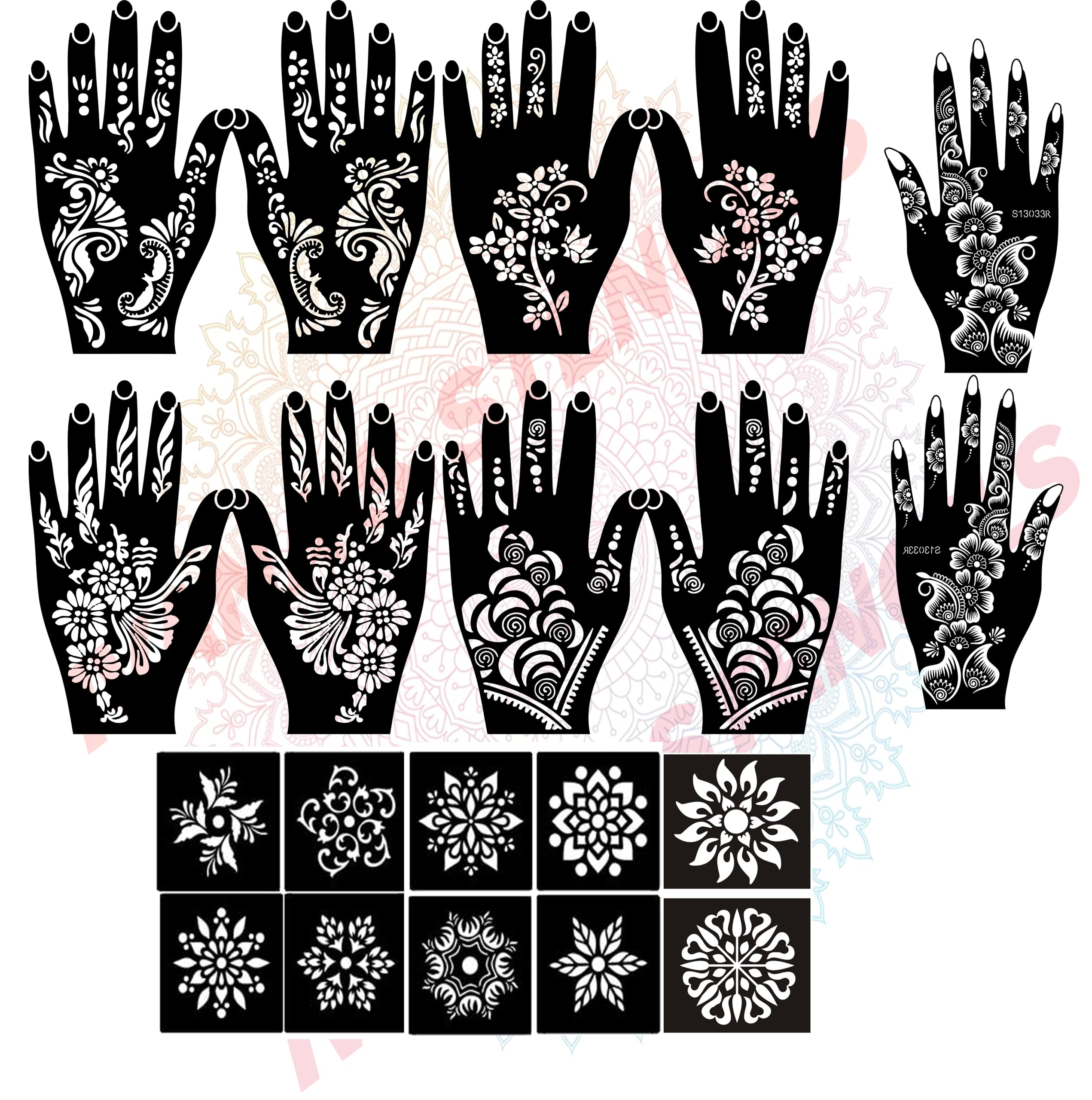 Ivana's Mehndi Tattoo Stencil Mehndi Design for Hands Set of 20 pc Combo Pack,10 Pcs Hand Design 10 pcs Round Stencils for Women, Girls and Kids, Easy to Use in Just 4 Simple Steps- CPT-2025