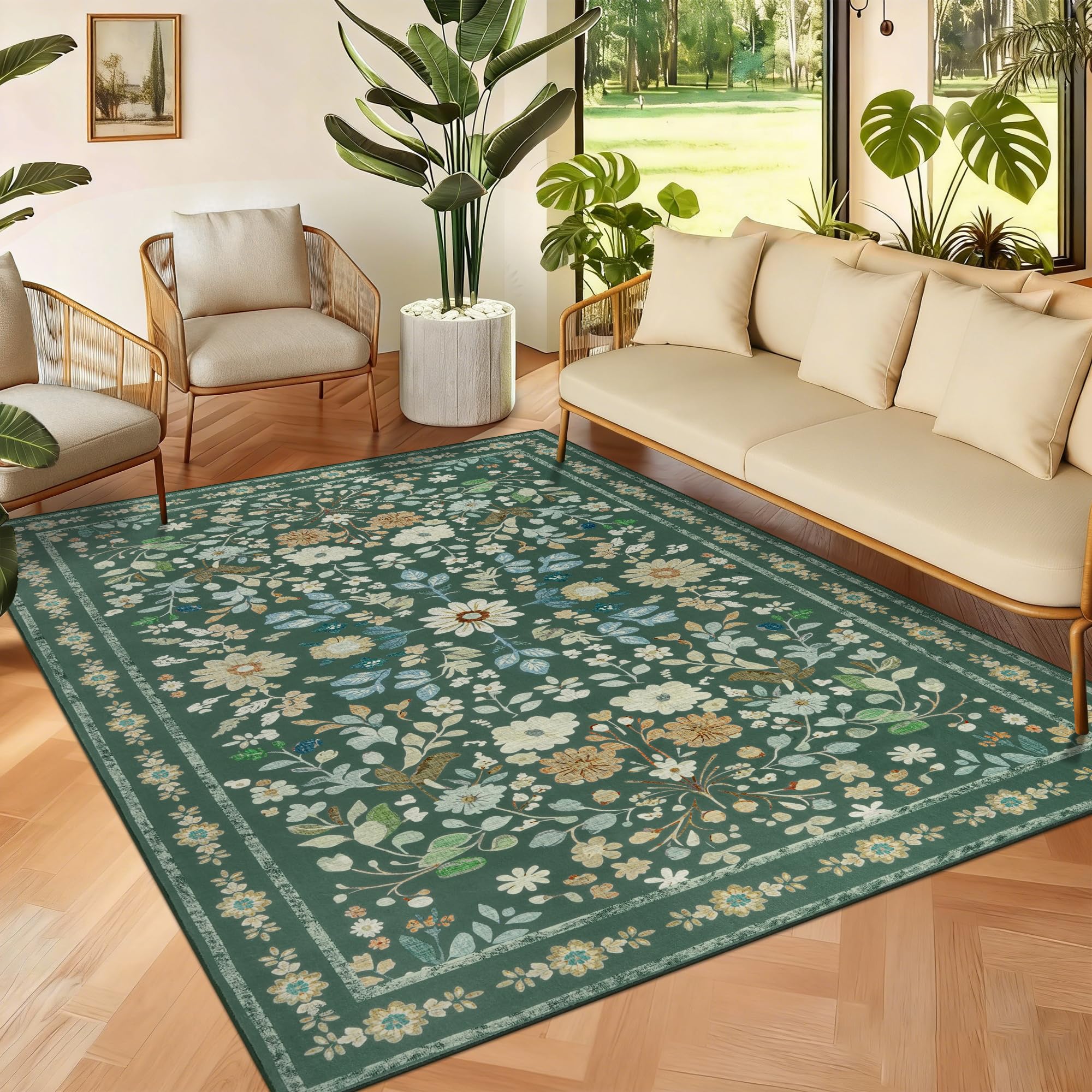 Tapis de salon vert vintage 120x170 cm antidérapant et lavable