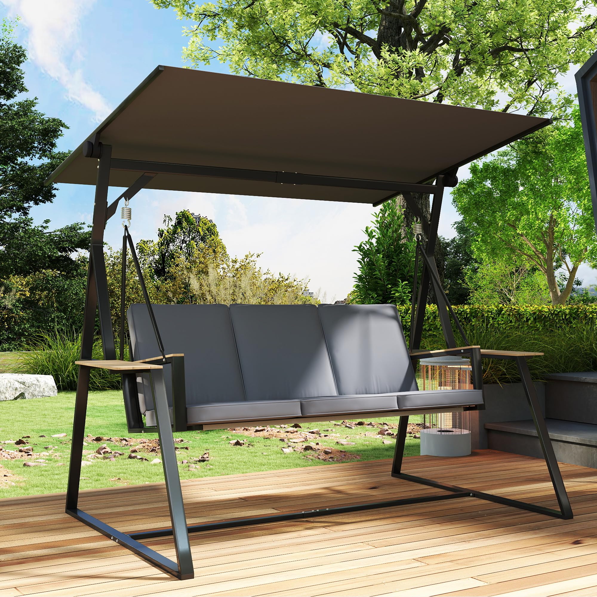 Outsunny 3-Sitzer Hollywoodschaukel mit Verstellbarem Dach 360 kg Grau | Gartenschaukel, Kissen, Getränkeablagen, Stahlrahmen, für Terrasse, Veranda