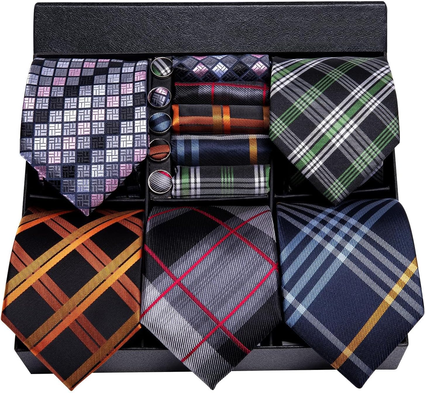 Hi-Tie Lot 5 Pcs Gift Box Mens Tie Set Necktie with Pocket Square Cufflinks Silk Neck Tie Collection