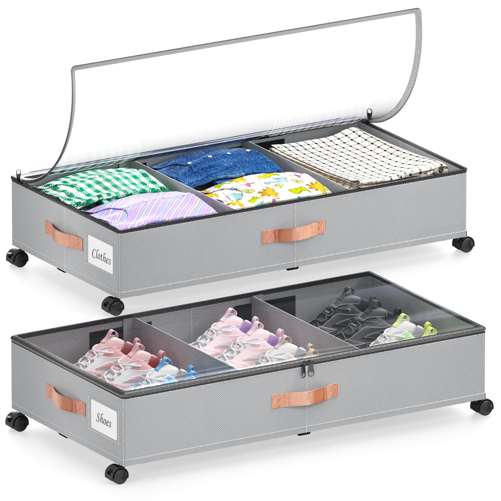 DGFCK Under Bed Storage with Wheels, 2-Pack Under Bed Storage Containers with Clear Lids, XXL 65L Under the bed storage Organizer Bins, Rolling Under