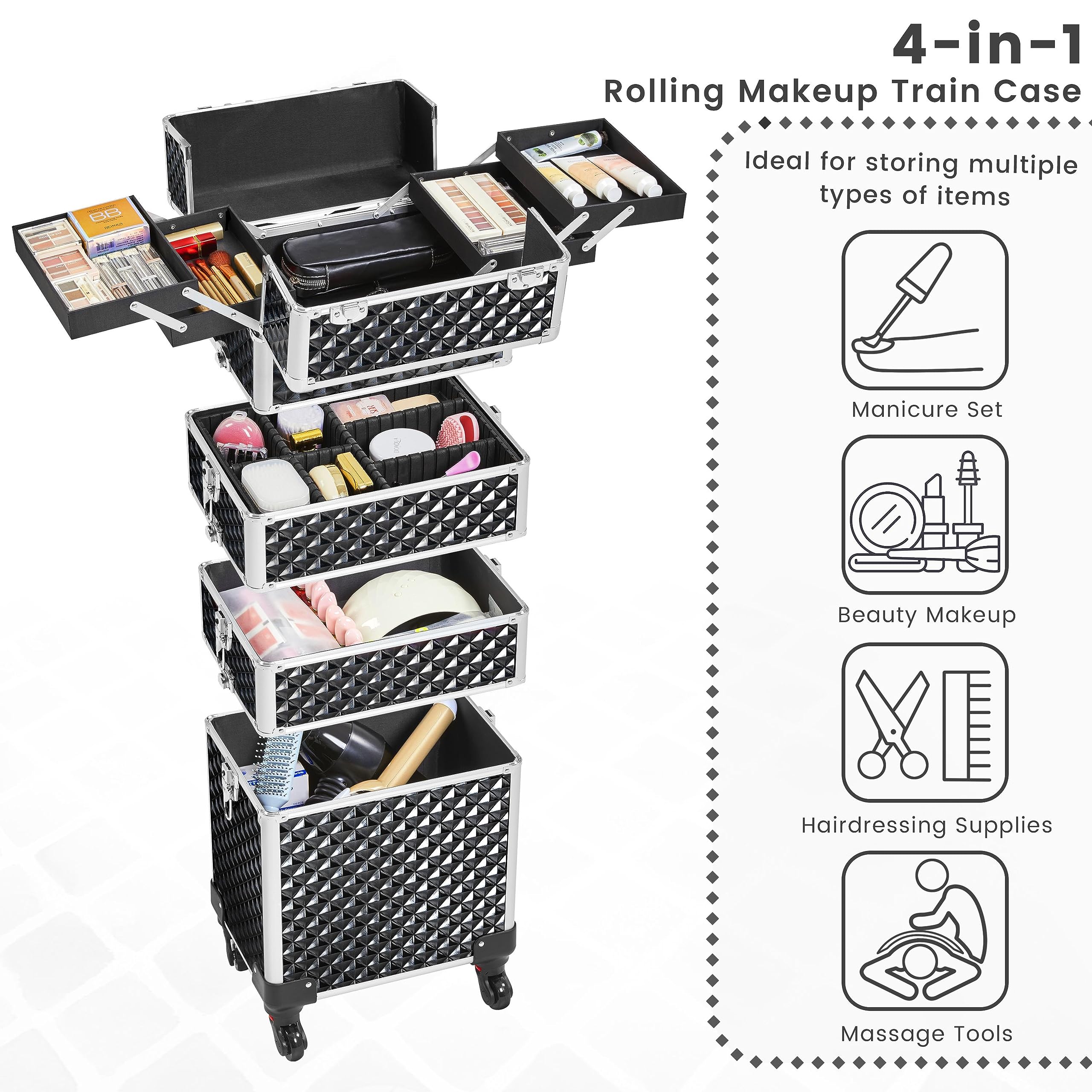 Yaheetech 4-in-1 Kosmetikkoffer, Trolley Schminkkoffer, Großer Make up Koffer, Abschließbar Multikoffer Friseurkoffer Beauty Case mit Rollen und Schublade, Glitzer Schwarz