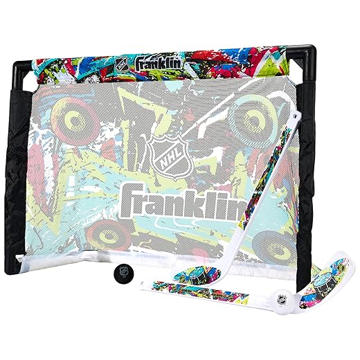 Franklin Sports NHL Kids Mini Hockey Set - Includes (1) Knee Hockey Goal, (2) Mini Sticks + (2) Foam Balls - Indoor Toy Youth Goal + Sticks Set - Graffiti