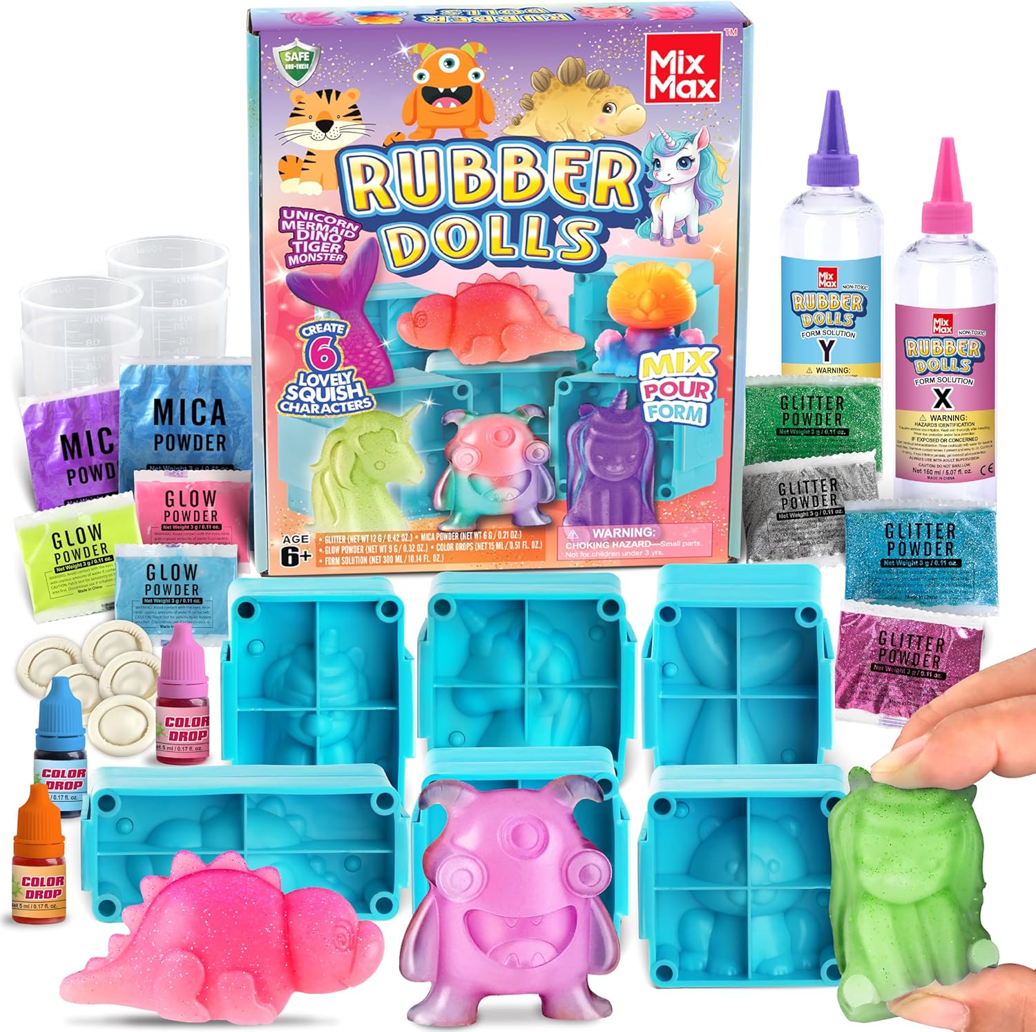 MixMax Make Your Own Squishies Toys, 6 Packs Rubber Dolls Making Kit for Kids Glow Jumbo Glitter Silicone Squishy Craft Kit for Girls 6-12 Nice Boy Party Activities