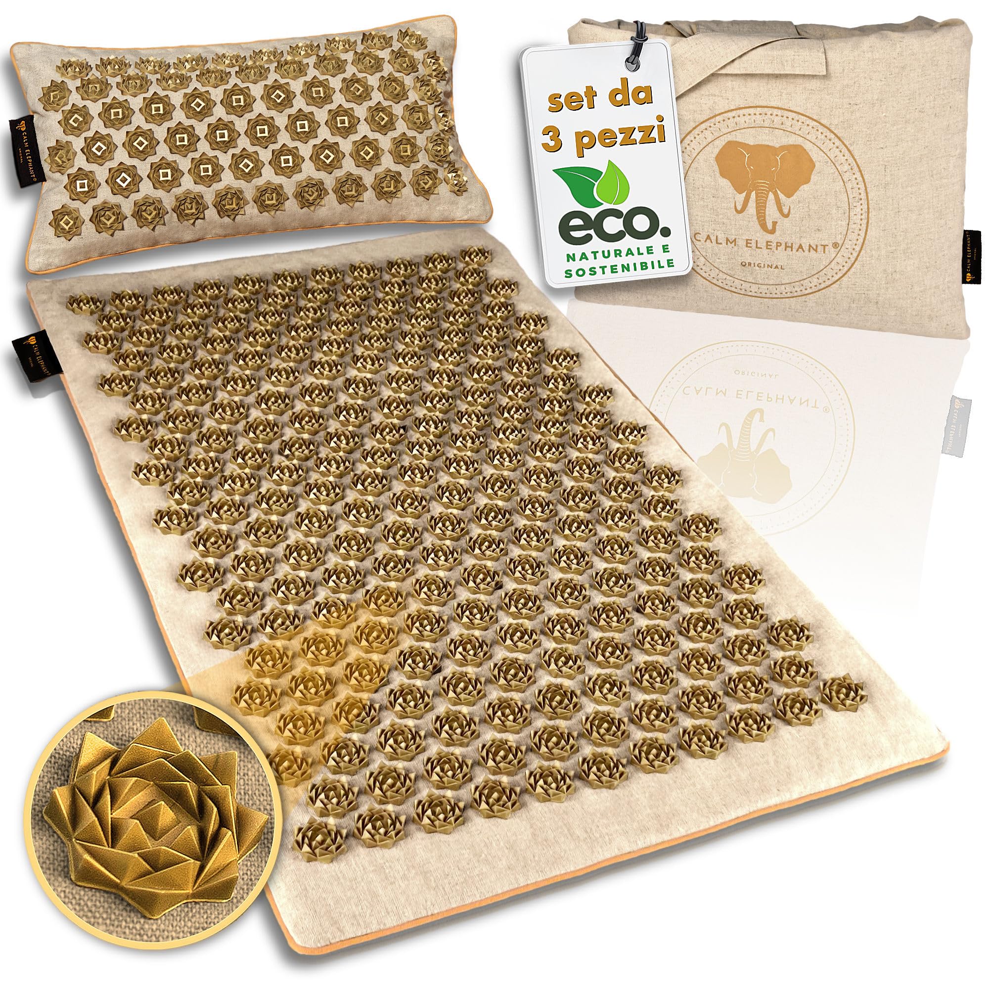 CALM ELEPHANT Tappetino Agopressione e Cuscino Ergonomico, Set XL, 3pz | Campo Fiori, Allevia Dolore Schiena Collo Spalle, Riflessologia, Anti-Stress, Meditazione, Riscaldante Borsa, Beige