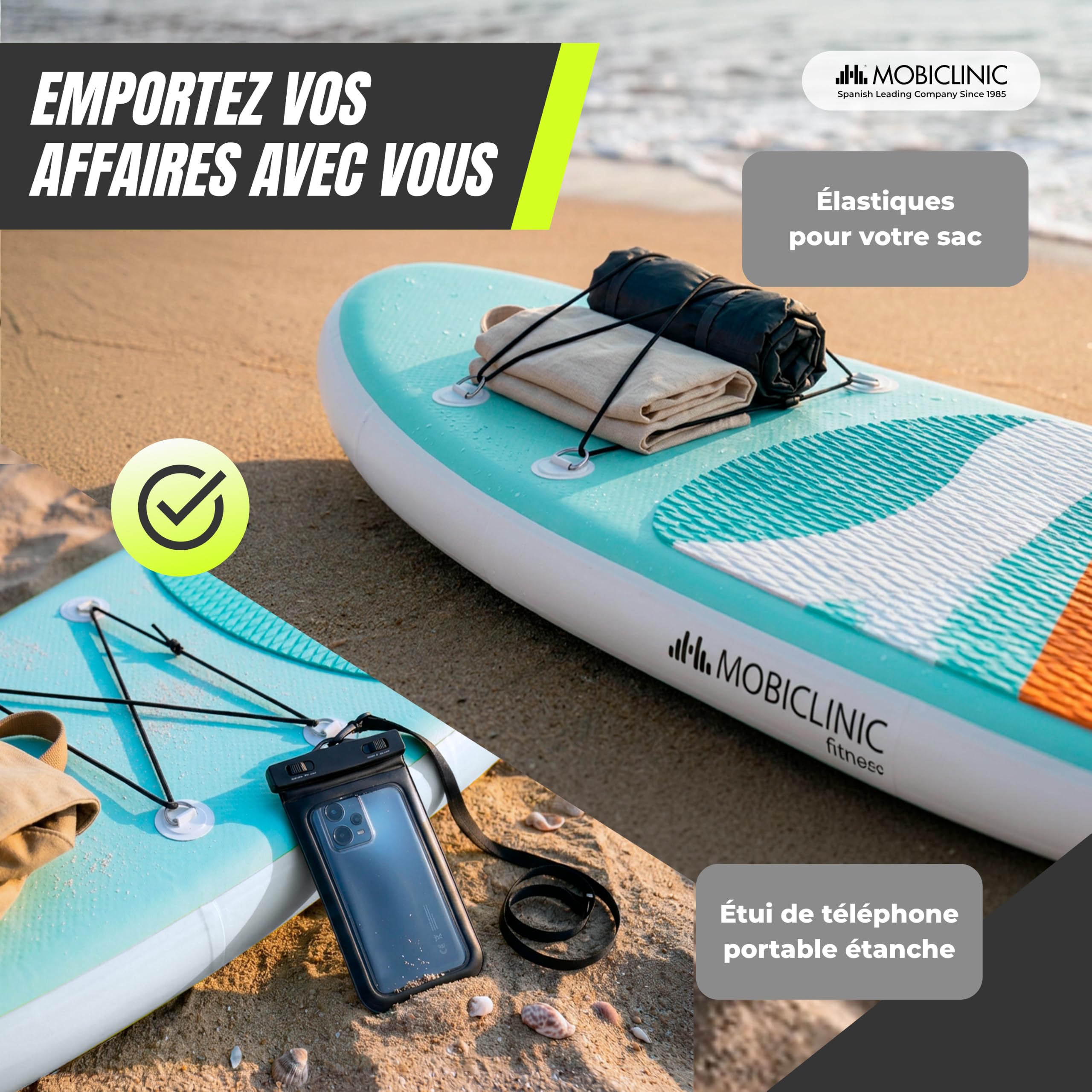 Mobiclinic®, Planche de Paddle Surf Gonflable, Pompe, Sac à Dos, Pagaie Réglable, Étui pour Téléphone, Kit Réparation, 315x78x15 cm, Pliable, Enfants, Adultes et Animaux