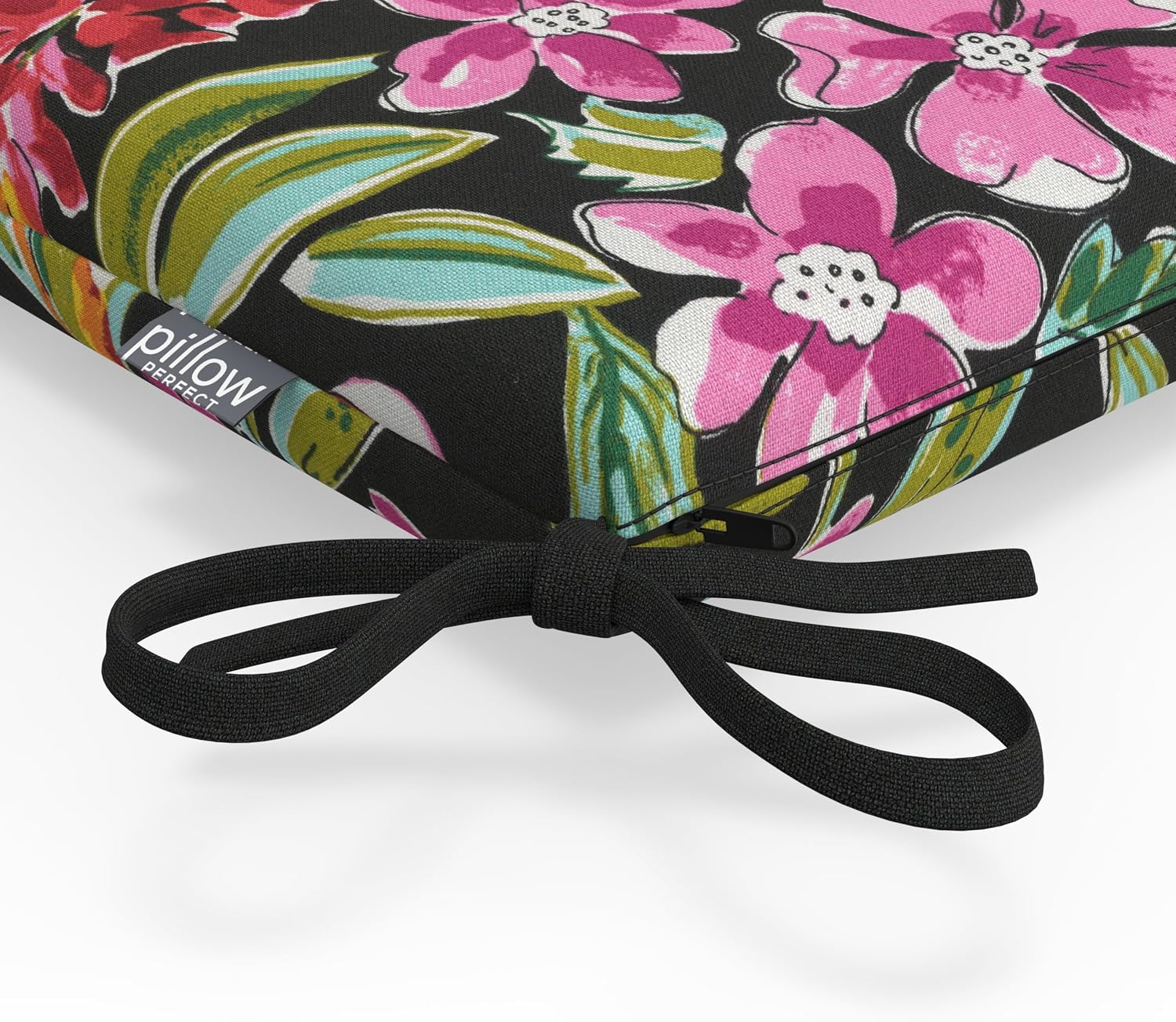 Pillow Perfect Tropic Floral Indoor/Outdoor Sofa Setee Bench Swing Cushion with Ties, Weather, and Fade Resistant, 18" x 45", Paradise Island Black, 1 Count