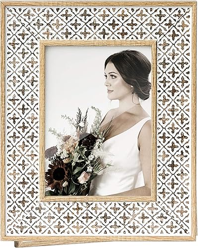 Miniatura 9 de Afuly Marco de fotos de 5 x 7 pulgadas, estilo bohemio, estilo marroquí, estilo bohemio, patrón de cruz 3D de roble desgastado, marcos de fotos de