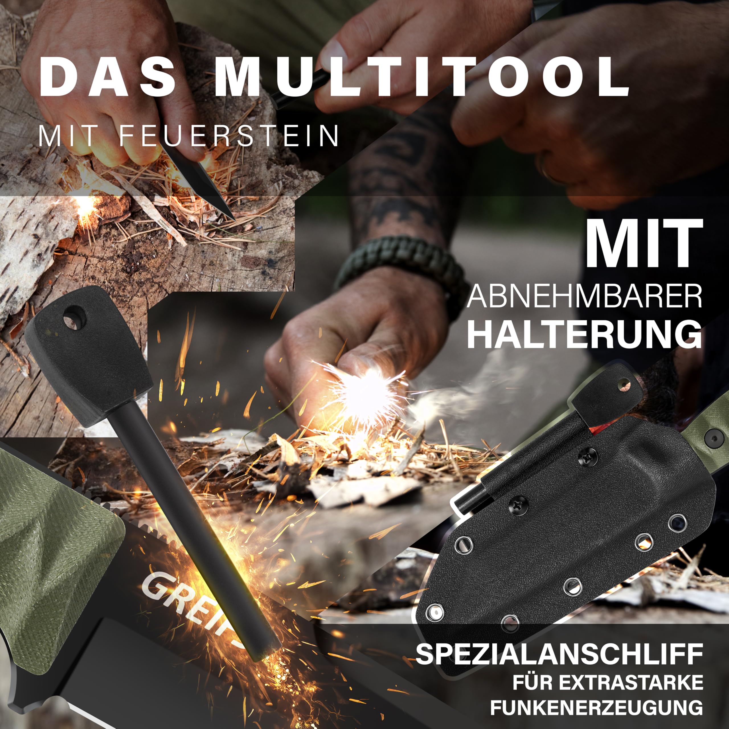 GREIFS® Outdoor-Messer Tanto aus D2 Stahl mit Kydex Holster und Feuerstahl, edles Survival Messer für die Bushcraft Ausrüstung, Jagdmesser, Schnitzmesser, Fahrtenmesser (RangerTanto/Schwarz-Grün)