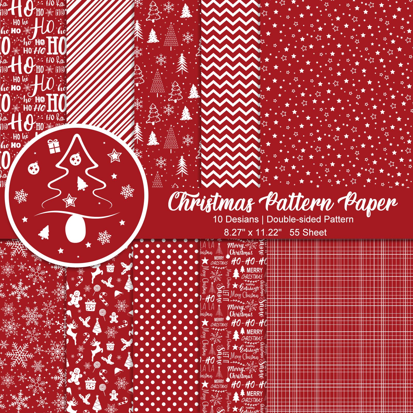 Morcheiong 55 Sheets Merry Christmas Pattern Paper Set Decorative Paper for Card Making Scrapbook Photo Album Decor 10 Designs (Red