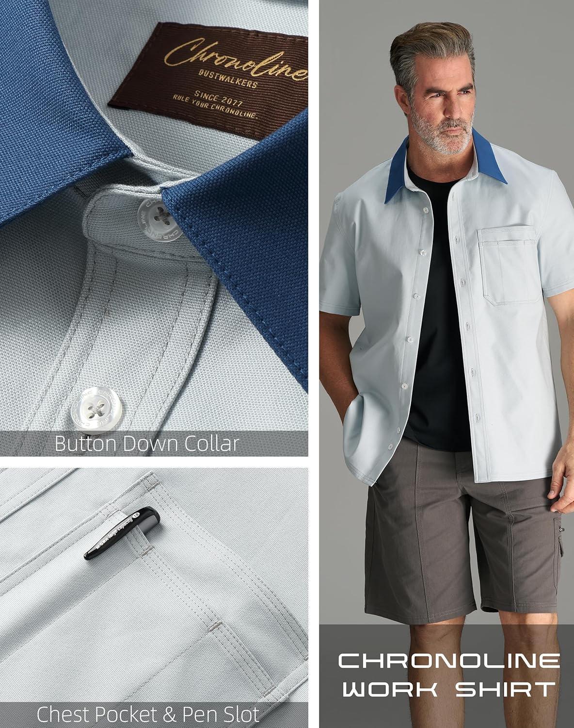 CHRONOLINE Men's Short Sleeve Button Up Shirt with Pocket Cotton Contrast Collar Spring Summer Outdoor Work Shirt for Men
