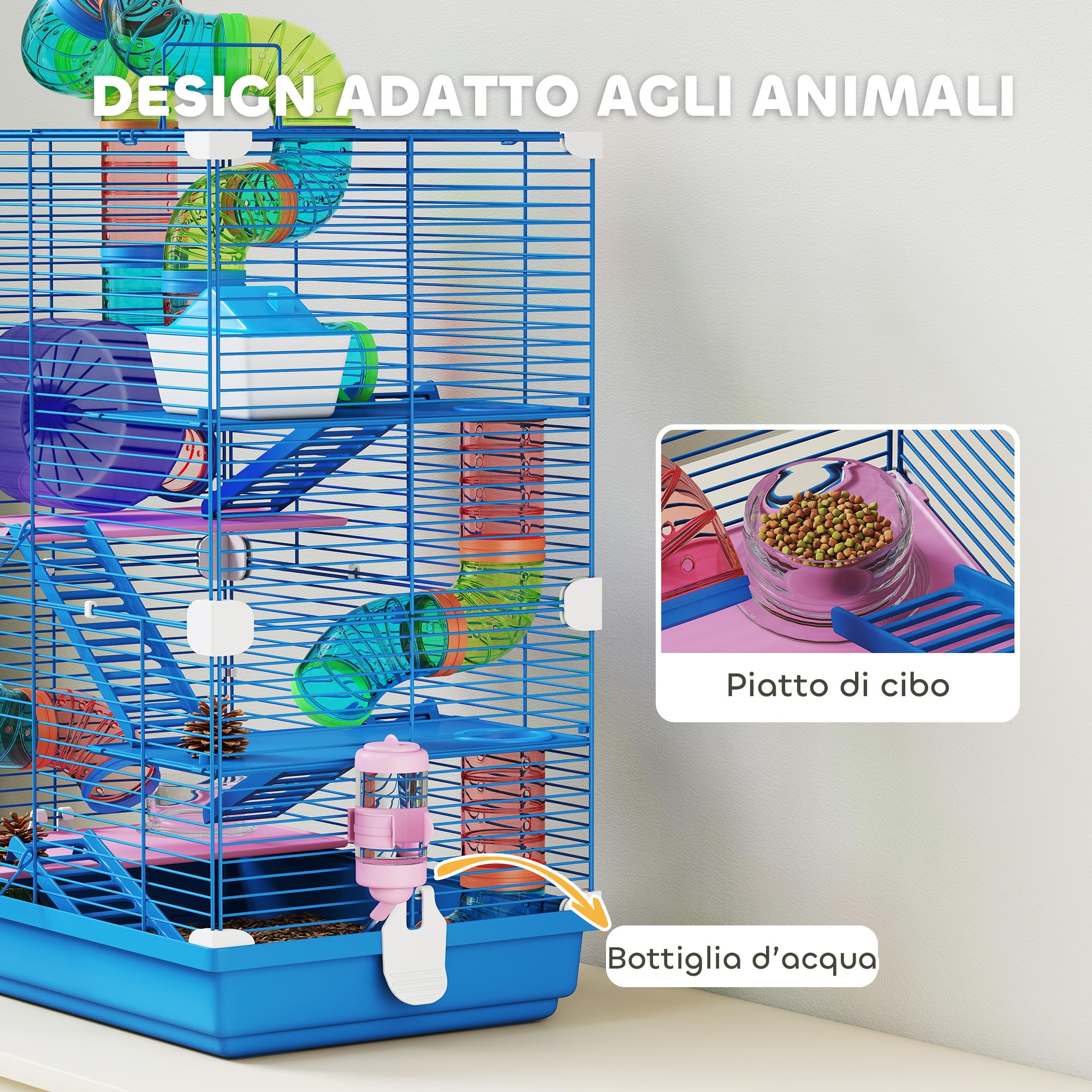 PawHut Gabbia per Criceti a 5 Livelli con Tubi, Ruota, Casetta, Scale e Bottiglia, Gabbietta per Roditori in Metallo e Plastica, 46x30x58 cm, Blu Scuro