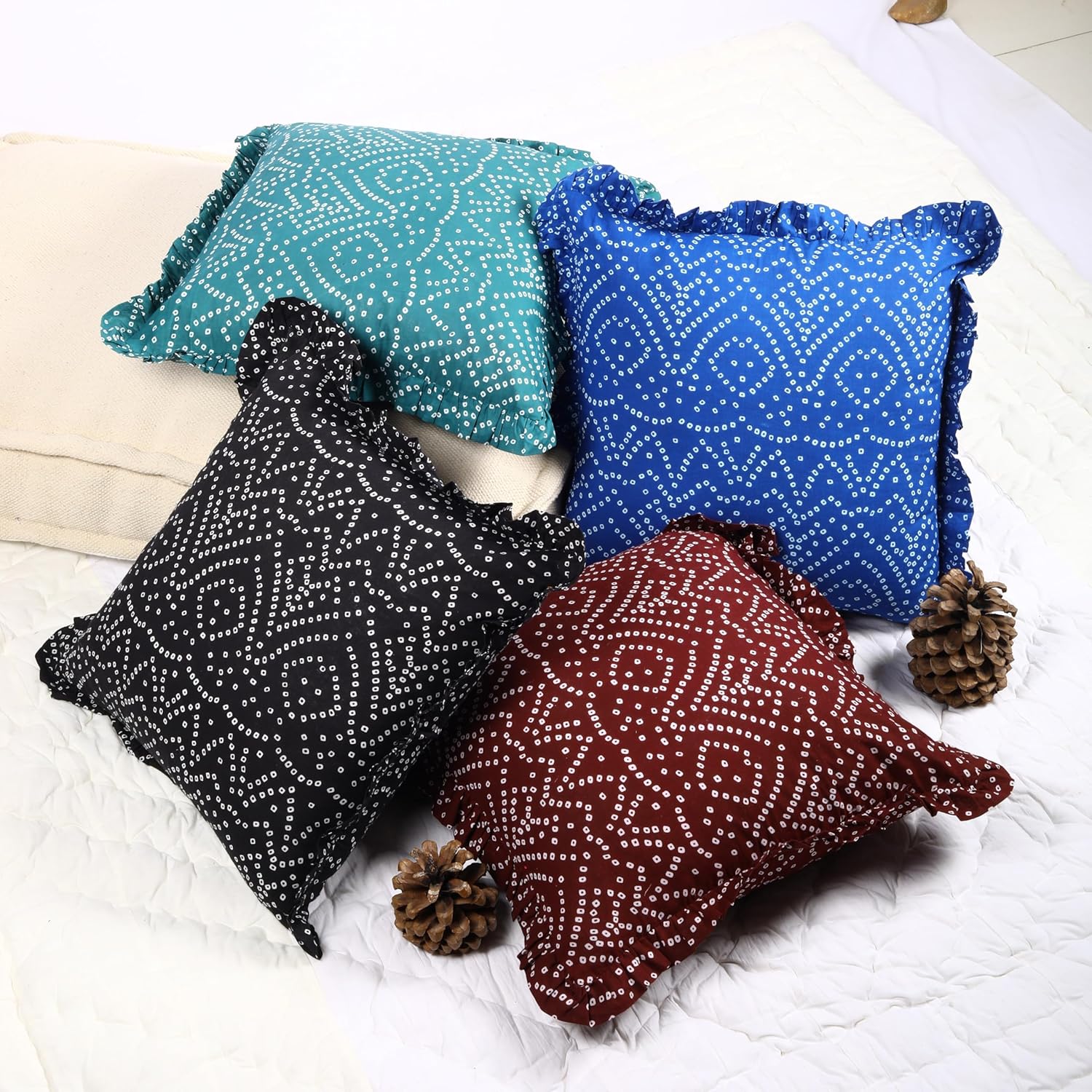 Trade Star 100% Cotton Cushion Covers Couch 18x18 Inches Set of 4 Hand Block Print Pillow Covers Highly Durable Cotton Cushion Case Multicolor with Long Frills Unique Design Pillow Case for Sofa