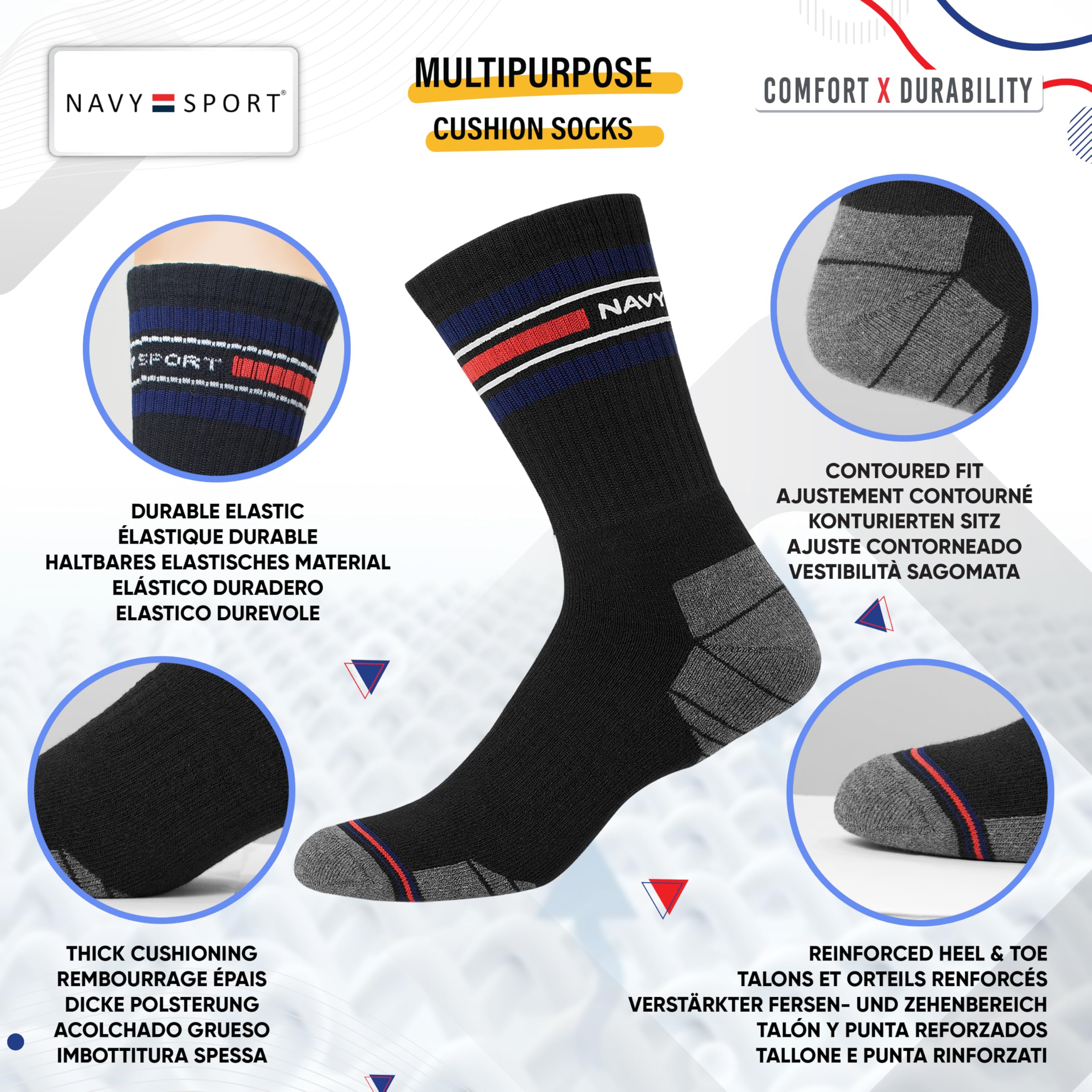 NAVYSPORT Advance Serie calzini sportivi da uomo con cuscino attivo extra resistenti multiuso, Multicolore, Confezione da 6.