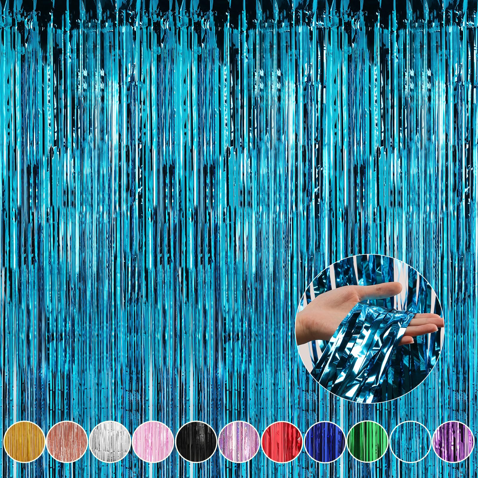 Crosize 4 Pack Blue Party Streamers Backdrop, 3.3 x 9.9 ft | Tinsel Foil Fringe Curtain, Birthday Decorations, Party Decor, Door Streamers, Glitter Photo Backdrop
