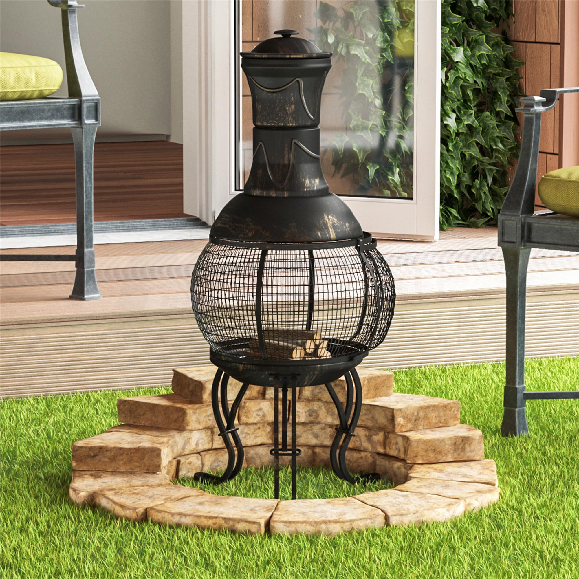 Home Discount® Terrassenheizung, Gartenkamin, Grill, aus Stahl, Schwarz und Antikgold