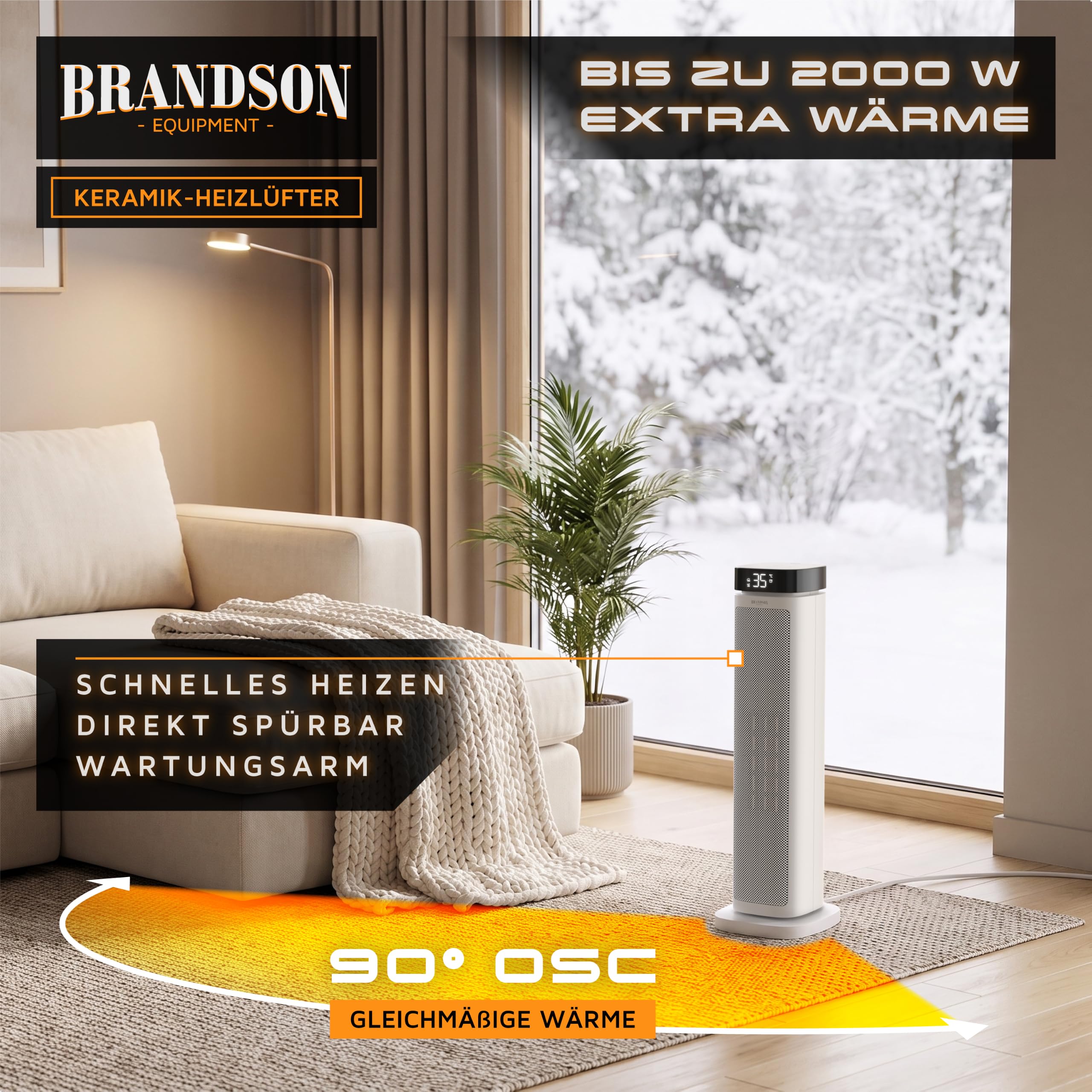 Brandson - Heizlüfter mit Fernbedienung - energiesparend ECO Modus – 2000 Watt Heater - mit Oszillation - 2 Heizstufen - Überhitzungs- und Umkippschutz - Badezimmer Schlafzimmer Baby Kinderzimmer