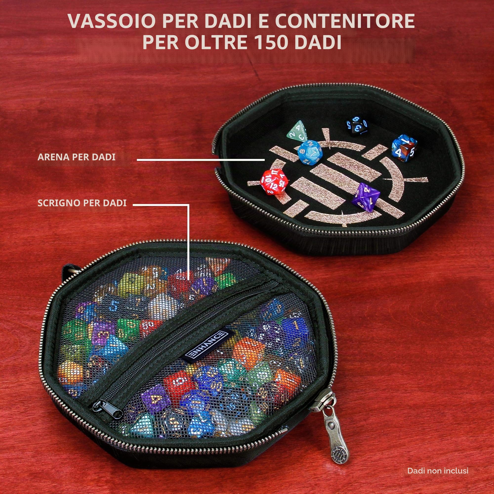 ENHANCE Gioco da Tavolo Caso di Dadi e Vassoio di Rotolamento Contenitore di Stoccaggio per Un Massimo di 150 Pezzi RPG - Design Robusto e Protettivo con Interni Morbidi - Accessorio per Giochi