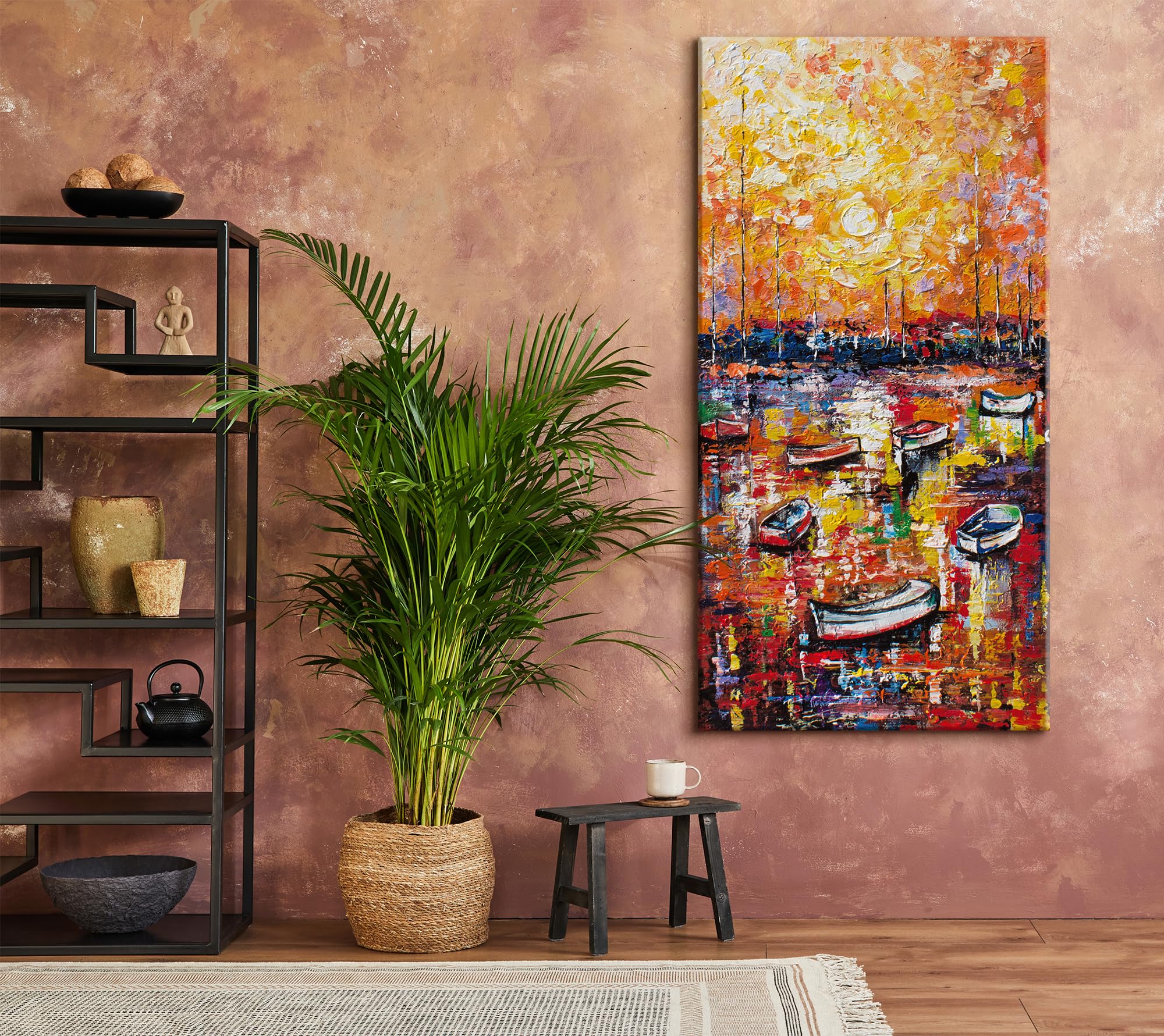 YS-Art XXL Abstrakt Acryl Gemälde auf Leinwand Hafen handgemalt Wandbilder Wohnzimmer modernes Design Bilder Dekoration Boote orange echte Kunstwerk 120x60 cm