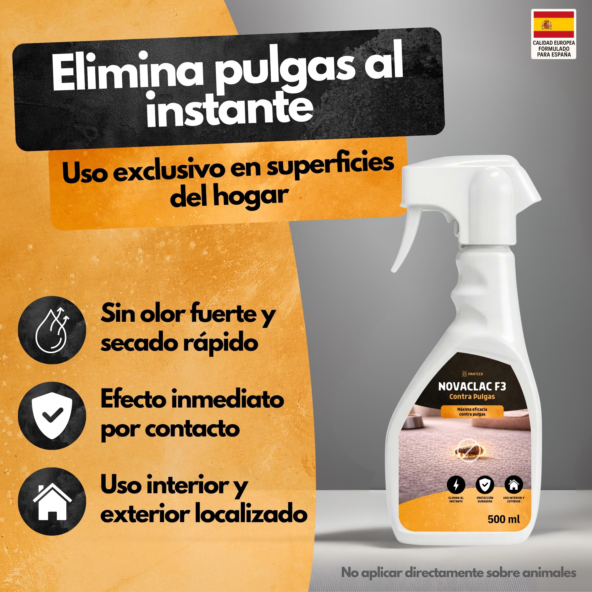 NOVACLAC F3 Mata Pulgas – Spray Insecticida 500 ml PT18 – Elimina pulgas al instante – Protección duradera – Uso interior y exterior – Calidad europea formulada para España