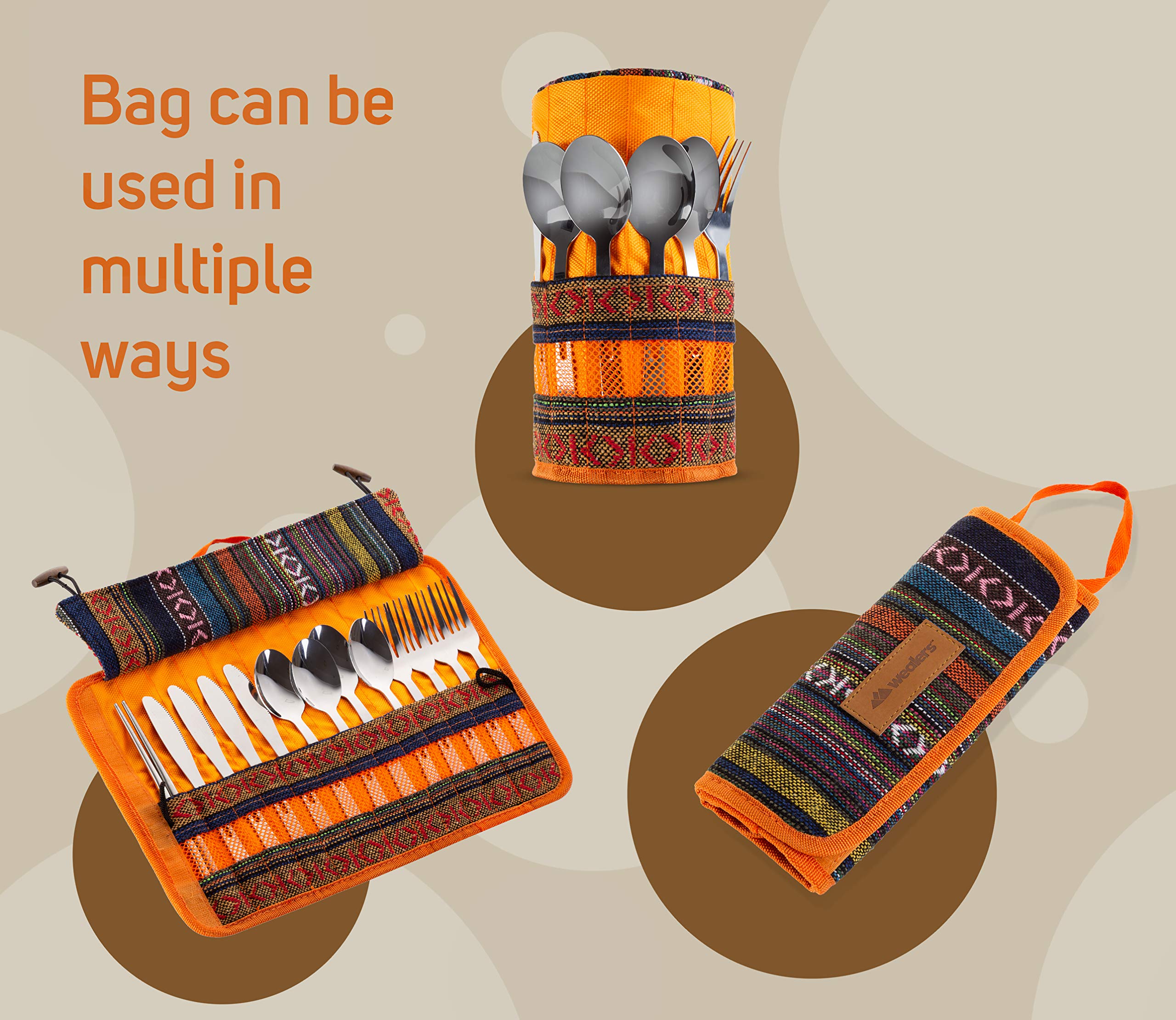 Set da viaggio per posate e utensili, 13 pezzi, espositore per posate, in cotone e lino, con manico per escursionismo, picnic, barbecue, forchette cucchiai, coltelli e bacchette