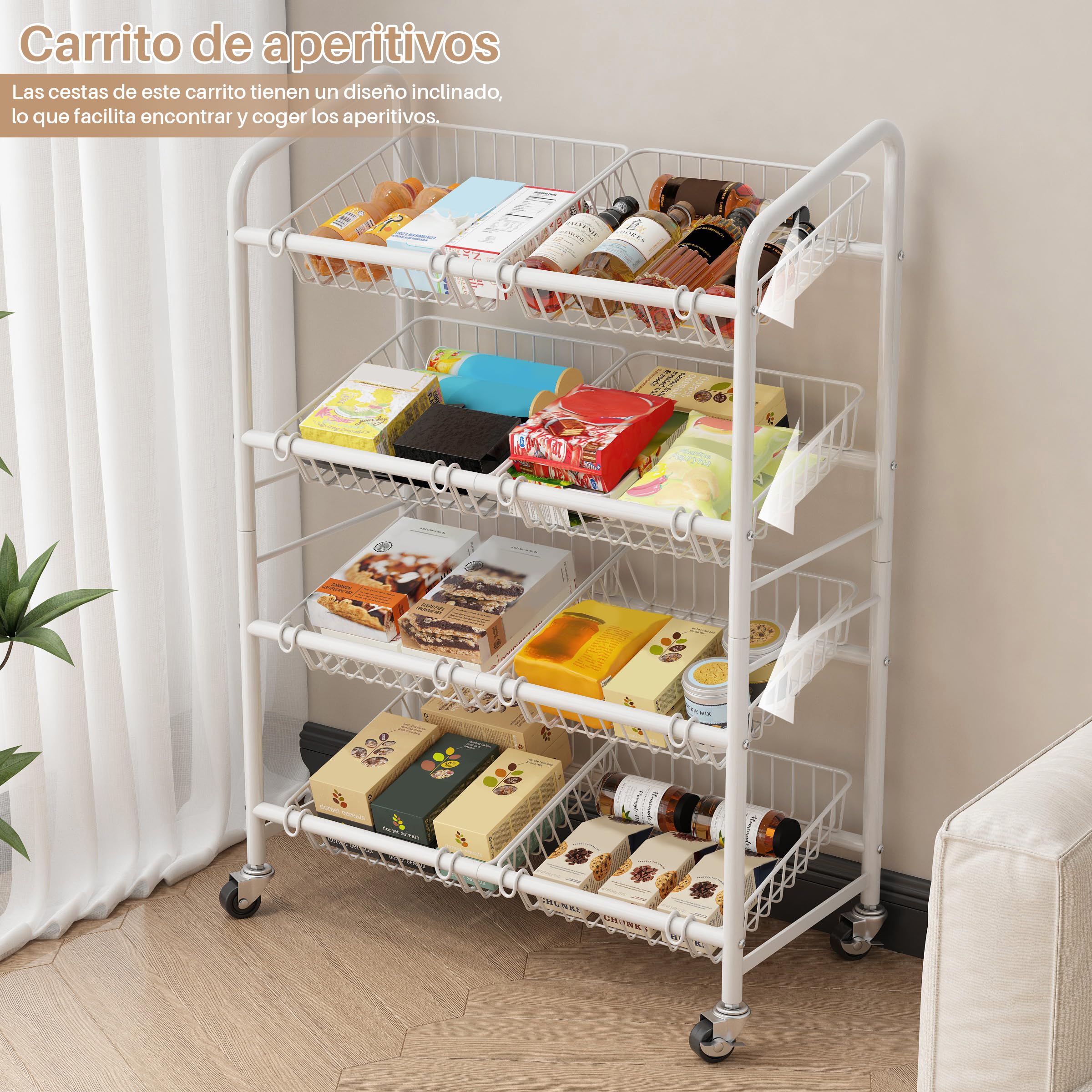 4 Niveles Carro de Cocina, Gran Capacidad Carro de Almacenamiento | 8 Cestas Extraíble, 31x65x85 cm, Carro de Metal con Ruedas Blancas