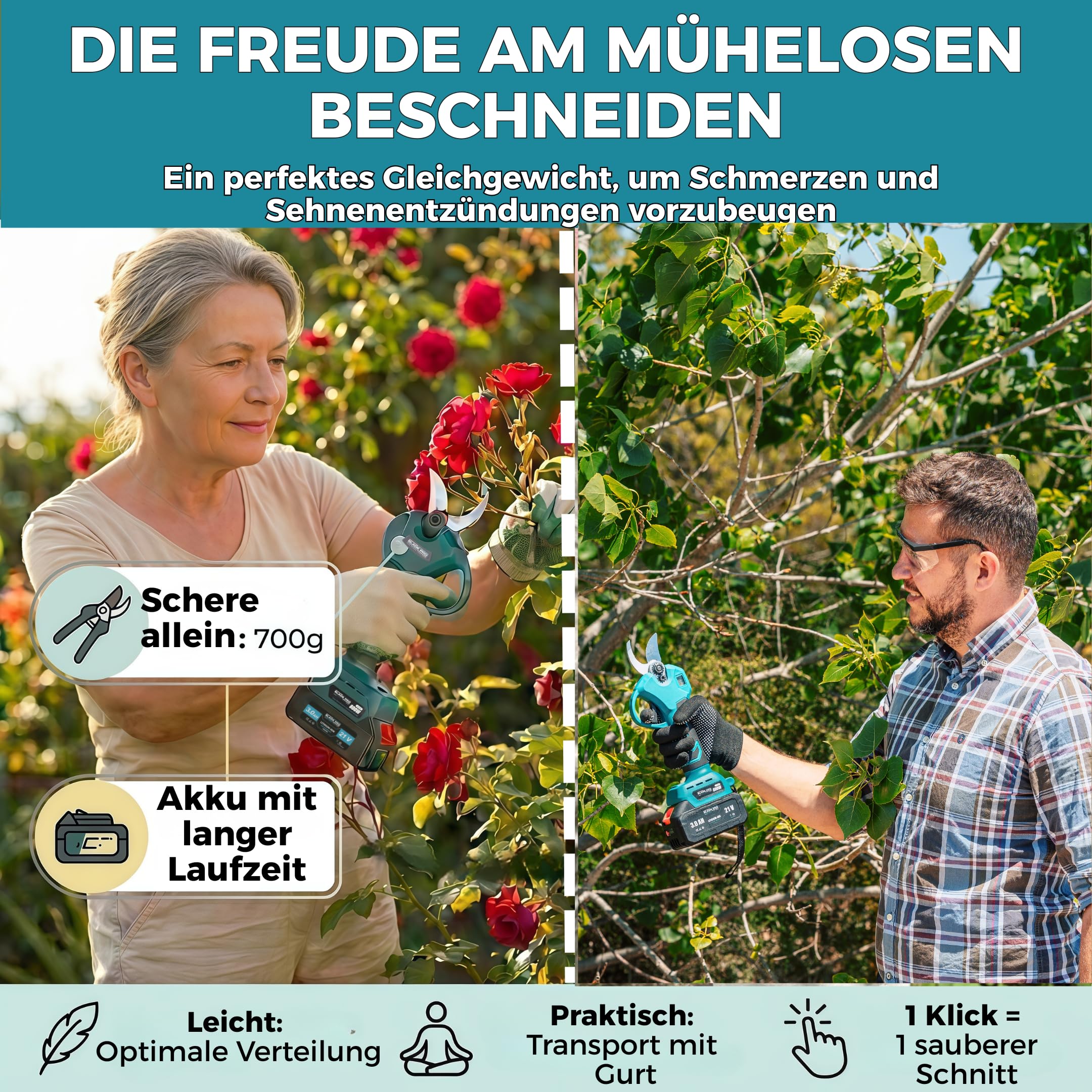 Bladepro Akku-Astschere 40 mm, elektrische Gartenschere kabellos – 800 W bürstenloser Motor, SK5-Stahlklinge – 2x 2,0 Ah Akkus, LED-Display, inkl. Koffer