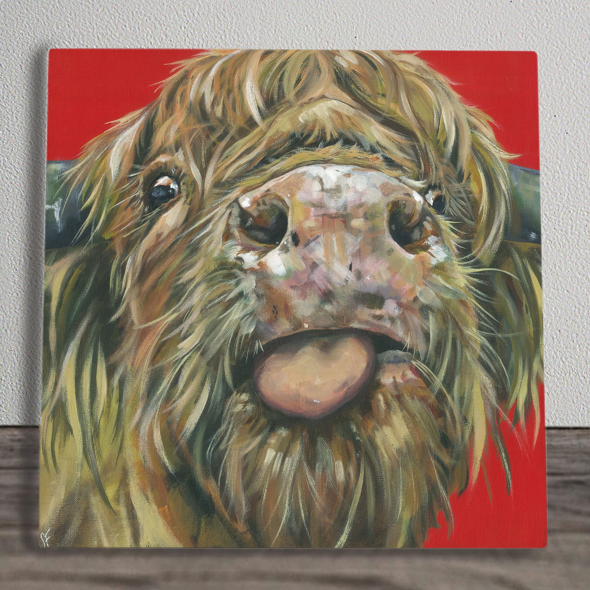 Cheeky Cow Artwork by Sam Fenner on a Wall Hanging Ceramic Picture Tile