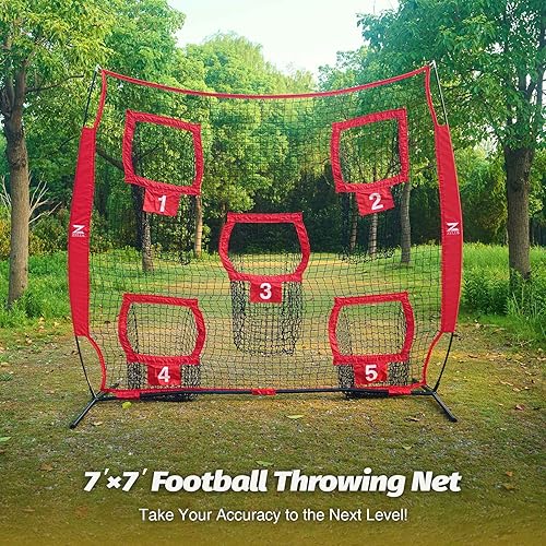 Miniatura 8 de ZELUS Red de lanzamiento de entrenamiento de fútbol de 7 x 7 pies, práctica de tiro de entrenamiento con 5 objetivos de lanzamiento, ideal para